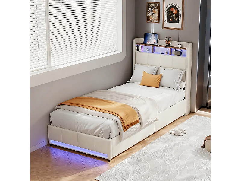 Lit simple 90x200 avec tiroirs rembourré - lit 90x200 cm avec sommier à lattes - capitonné en tissu lin - LED et USB - matelassage et boutons - Beige