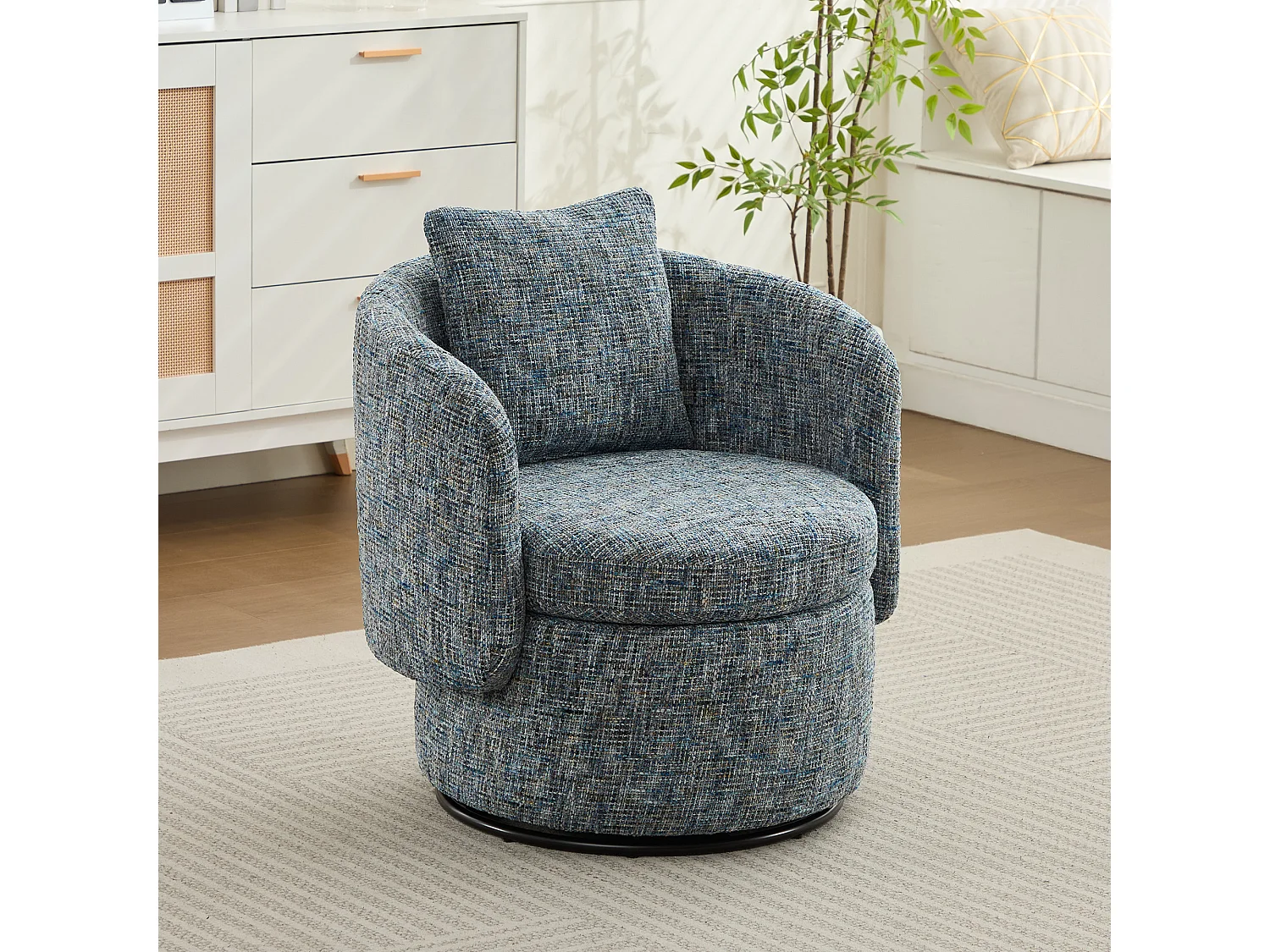 Sillón con respaldo acolchado y función giratoria - Chenilla azul - para sala de estar y oficina