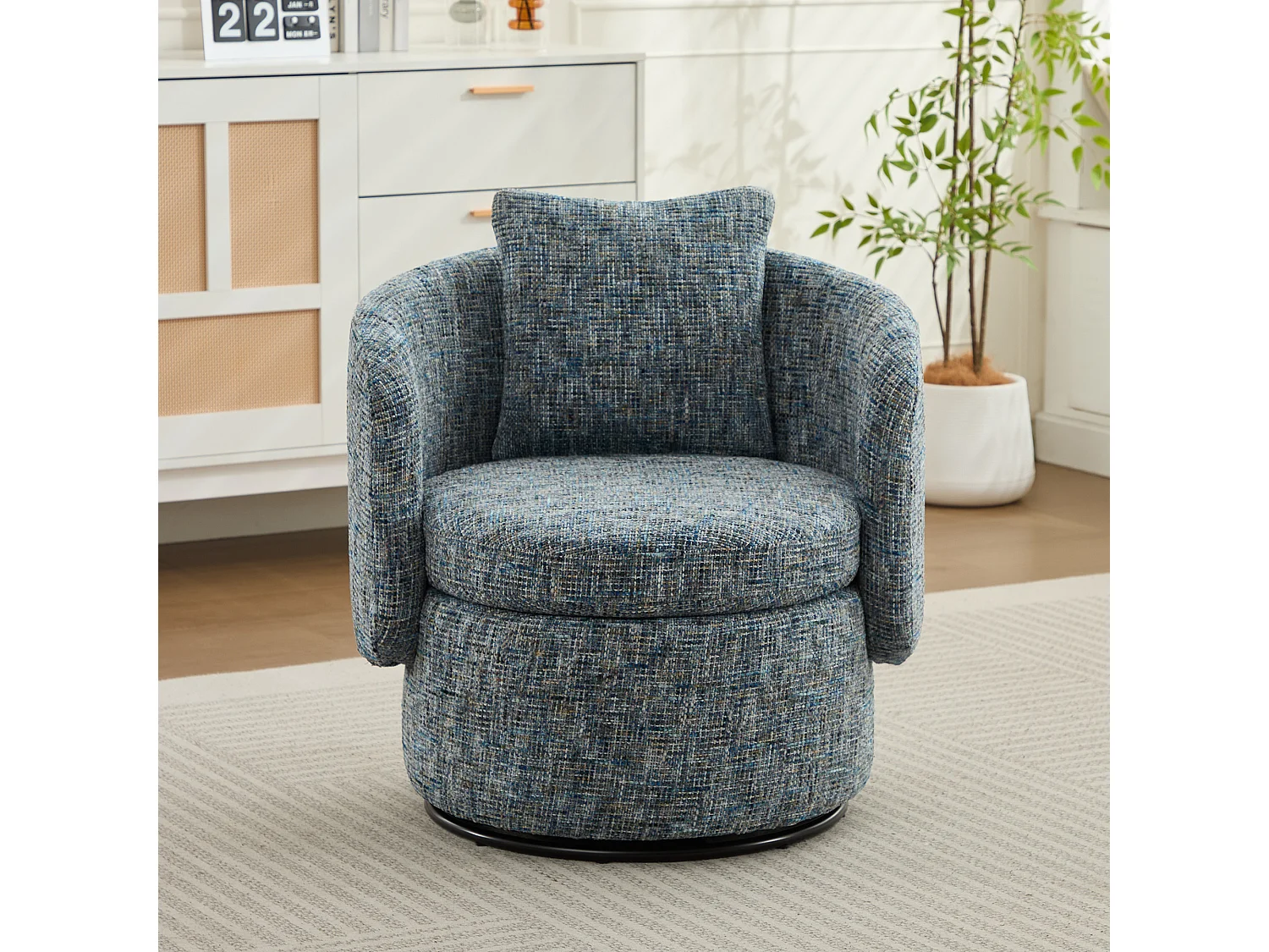 Sillón con respaldo acolchado y función giratoria - Chenilla azul - para sala de estar y oficina