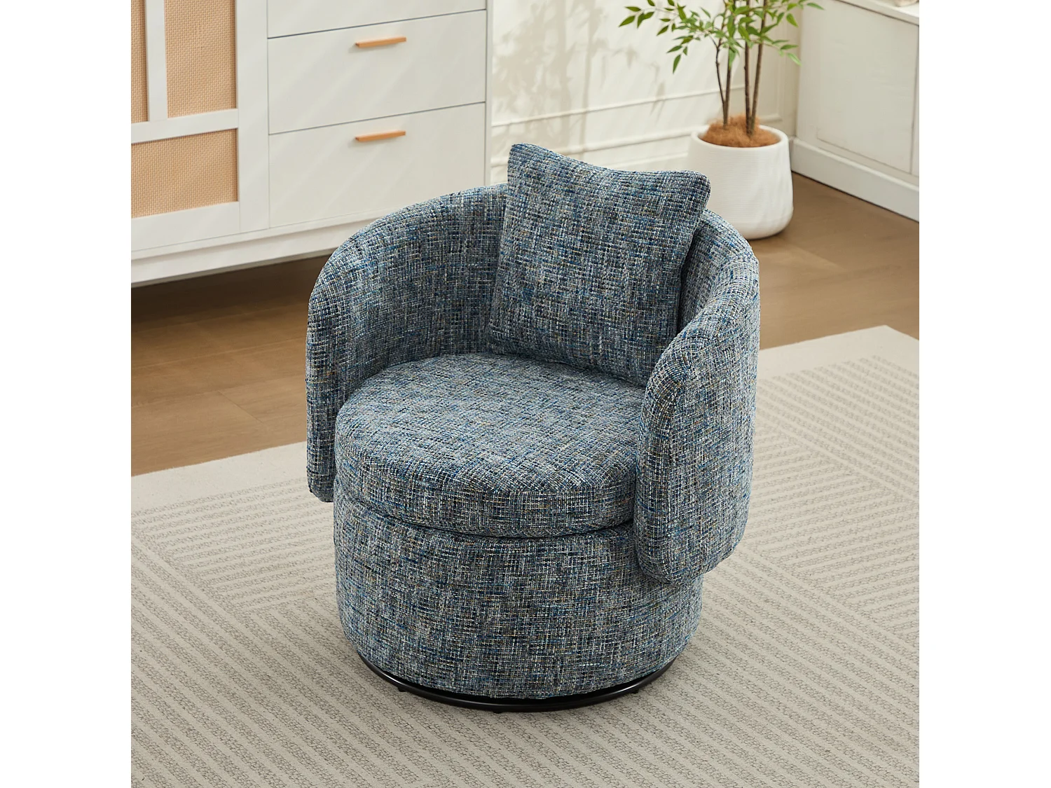 Sillón con respaldo acolchado y función giratoria - Chenilla azul - para sala de estar y oficina