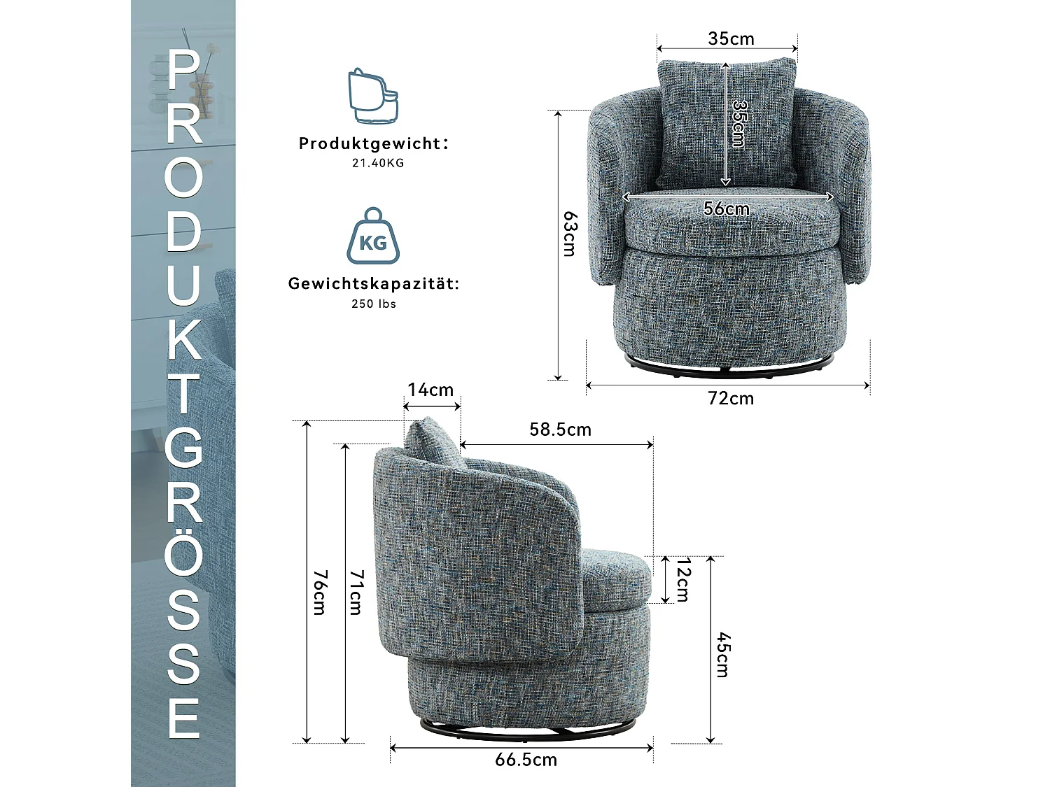 Sillón con respaldo acolchado y función giratoria - Chenilla azul - para sala de estar y oficina