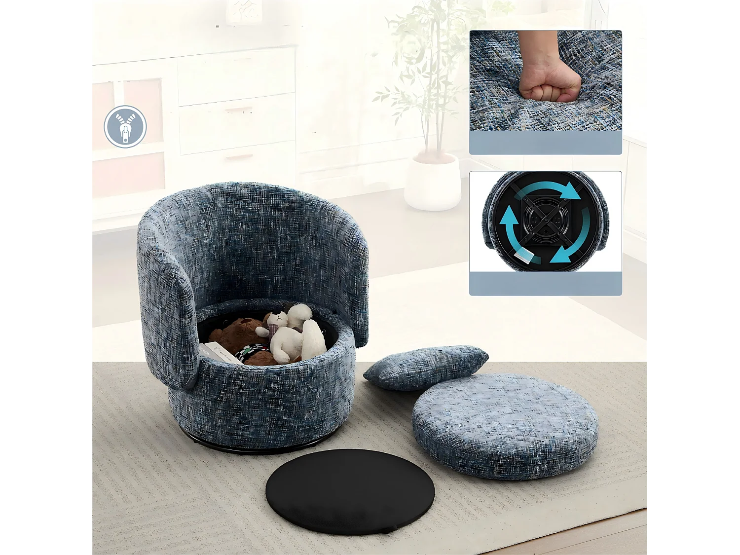 Fauteuil avec dossier rembourré et fonction pivotante - Chenille bleue - pour salon et bureau