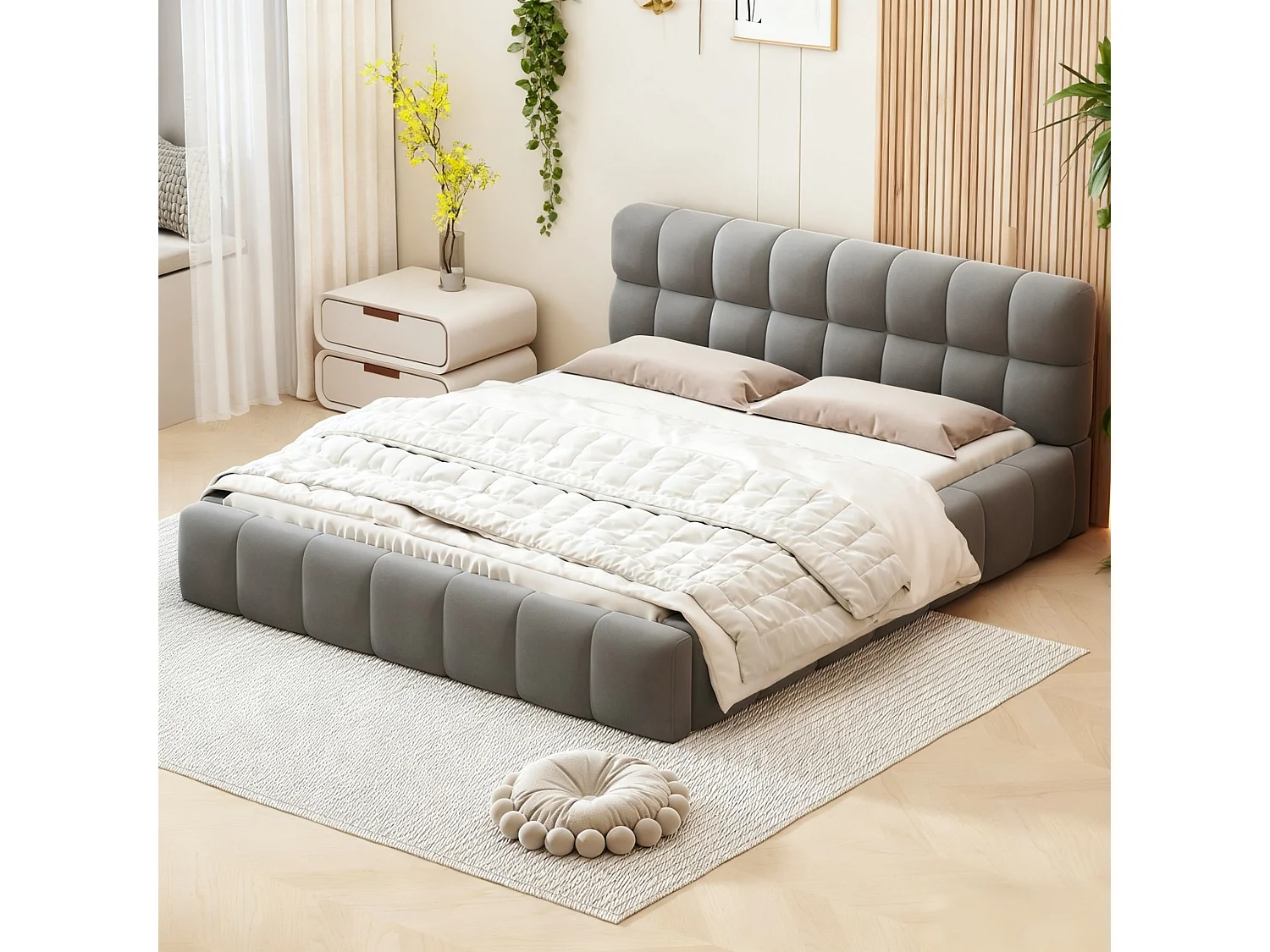 Lit adulte 140x190 cm avec sommier à lattes, lit bas en tissu capitonné, lit capitonné, cadre de lit double, tissu lin, 140x190 cm, gris