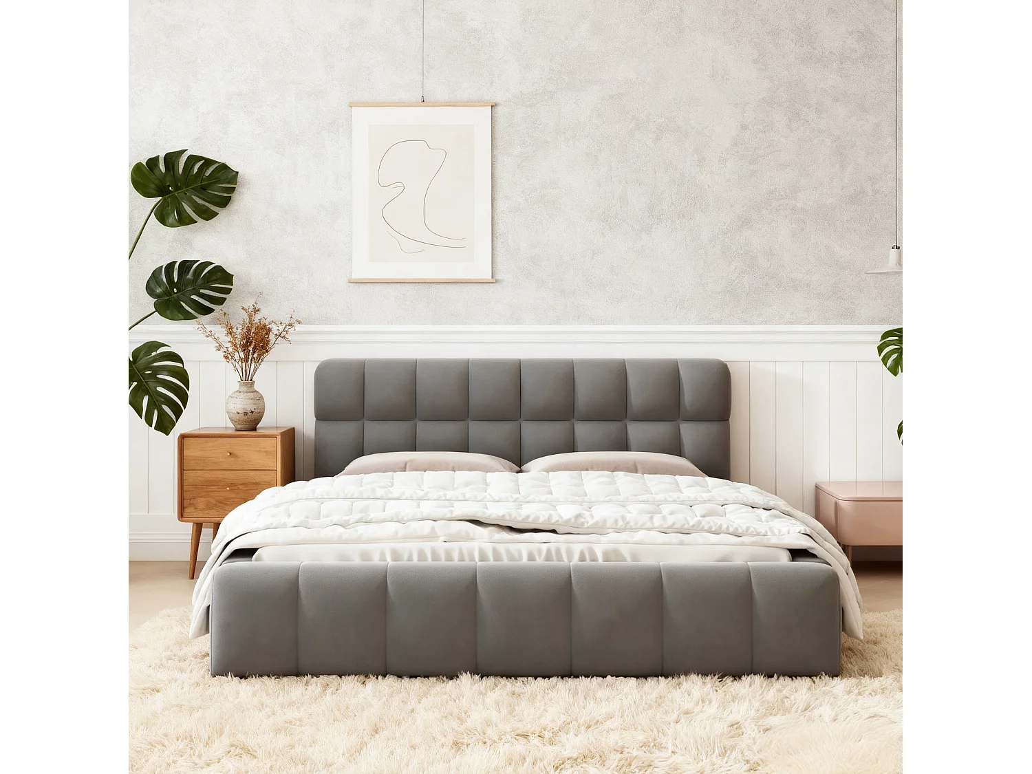 Lit double 140 x 190 cm - Lit adulte avec sommier à lattes et tête de lit capitonnée - tissu effet lin gris
