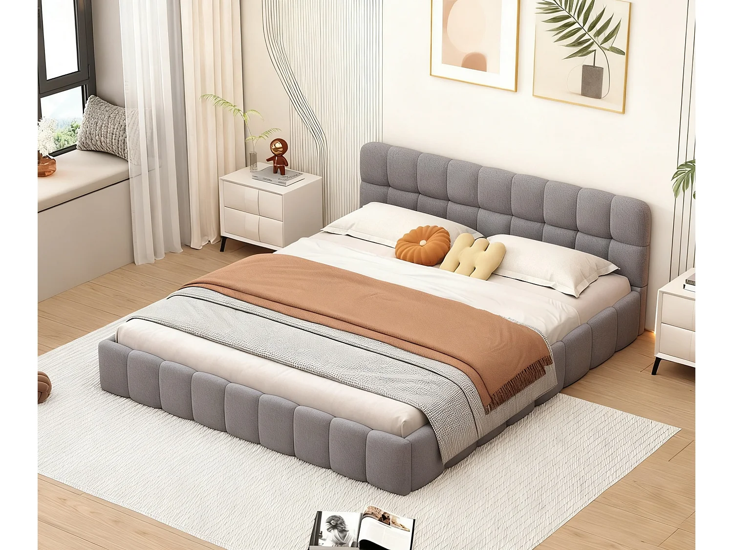 Lit double 140 x 190 cm - Lit adulte avec sommier à lattes et tête de lit capitonnée - tissu effet lin gris
