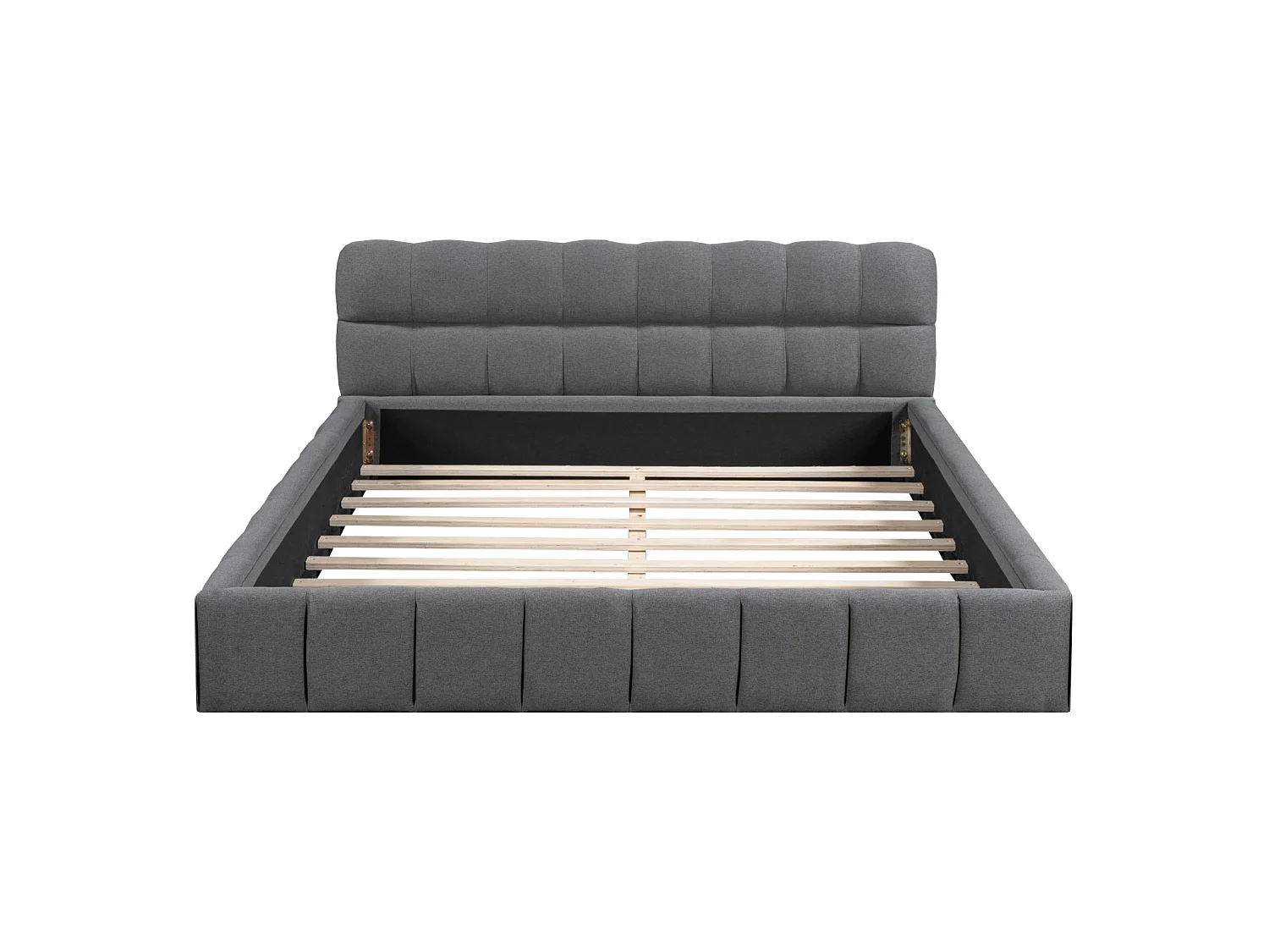 Lit double 140 x 190 cm - Lit adulte avec sommier à lattes et tête de lit capitonnée - tissu effet lin gris