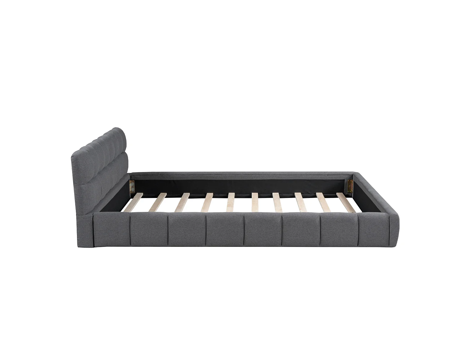Lit double 140 x 190 cm - Lit adulte avec sommier à lattes et tête de lit capitonnée - tissu effet lin gris