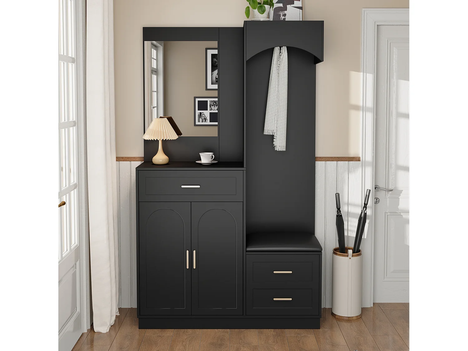 Perchero negro con espejo, 1 cajón y 3 puertas – para entradas y pasillos