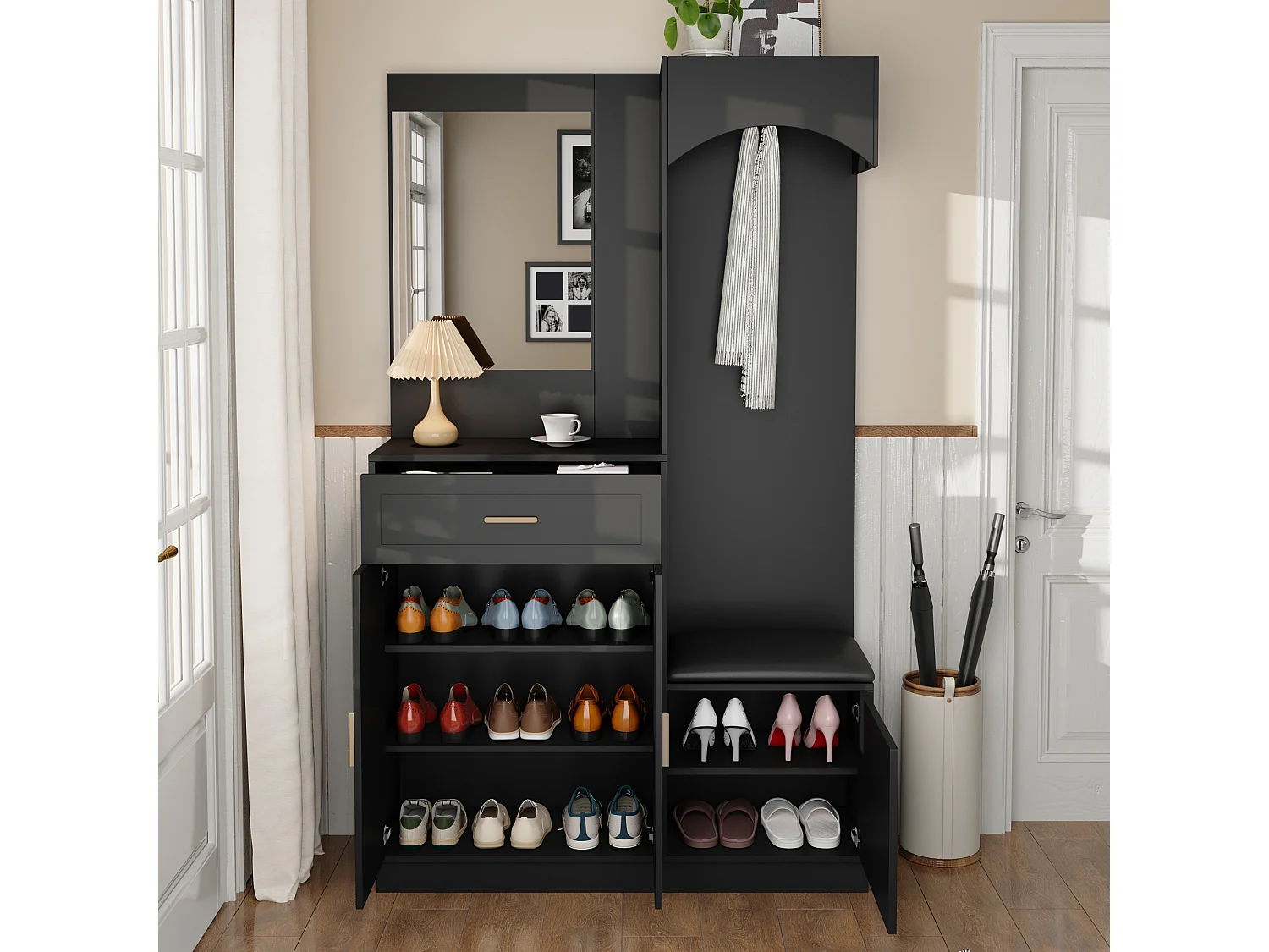 Perchero negro con espejo, 1 cajón y 3 puertas – para entradas y pasillos