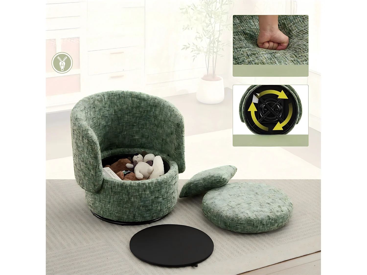 Sillón con respaldo acolchado y función giratoria - Chenilla verde - para sala de estar y oficina