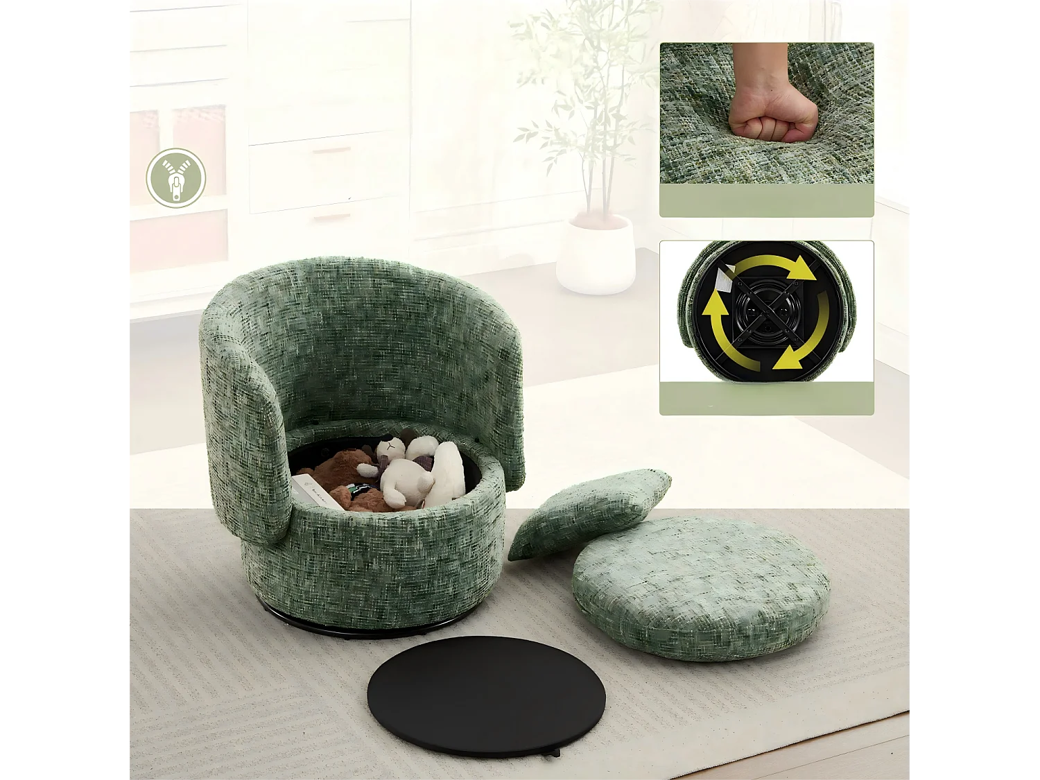 Fauteuil avec dossier rembourré et fonction pivotante - Chenille verte - pour salon et bureau