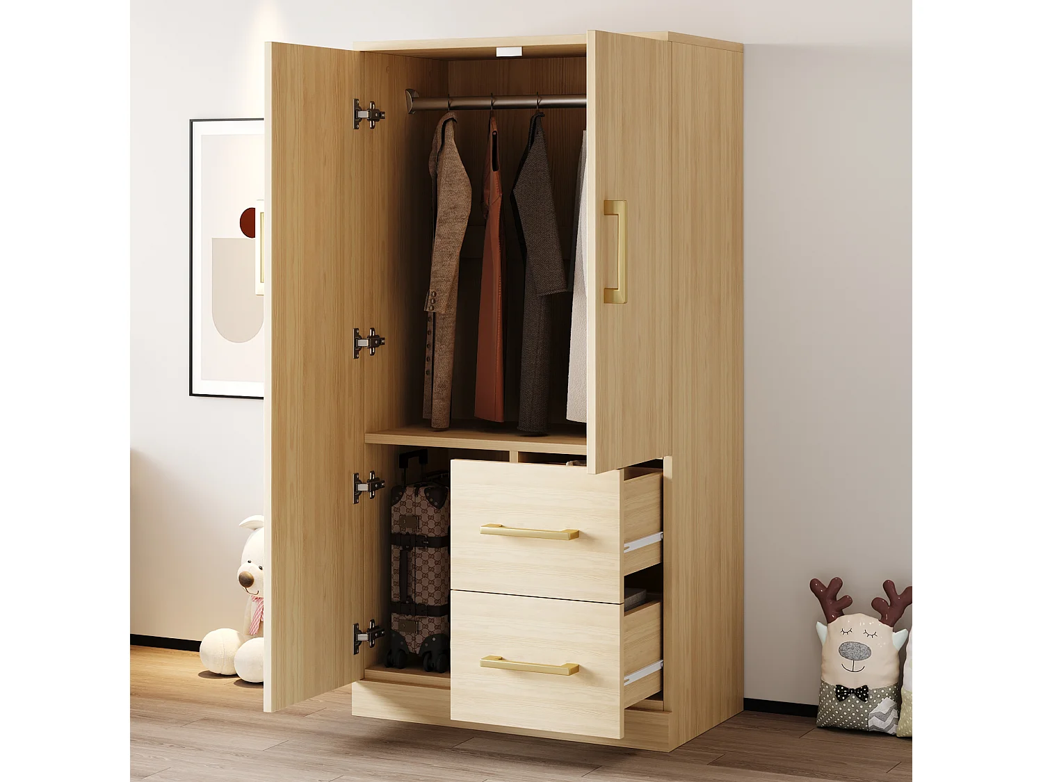 Armario de dormitorio, armario color natural con dos puertas y dos cajones, tiradores metálicos