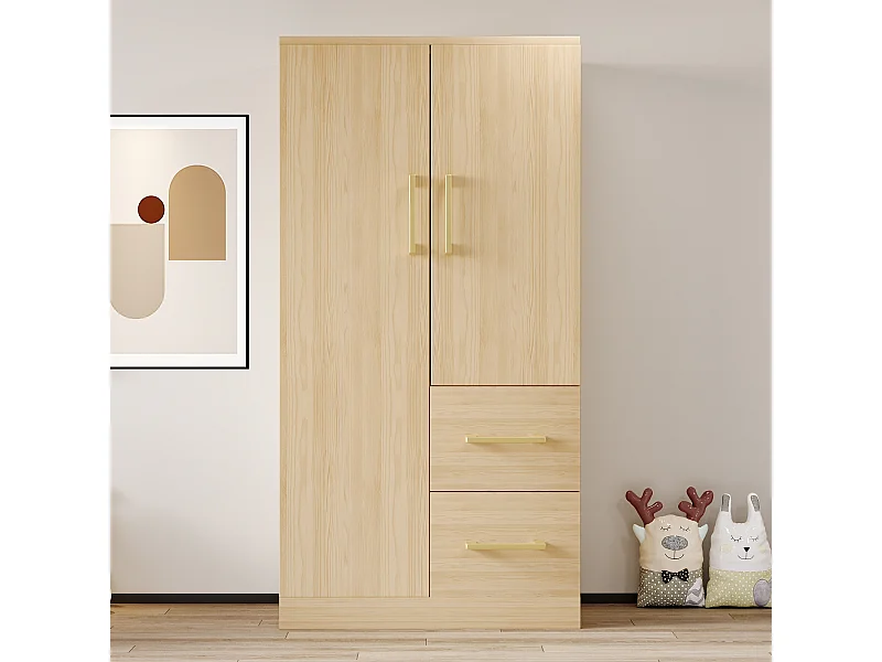 Armoire de chambre, armoire couleur naturelle avec 2 portes et 2 tiroirs, poignées en métal