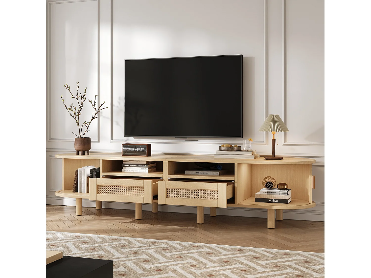 Ovale tv-meubel, 170 cm tv-meubel met 2 rotan lades en 2 schuifdeuren - natuurlijke kleur
