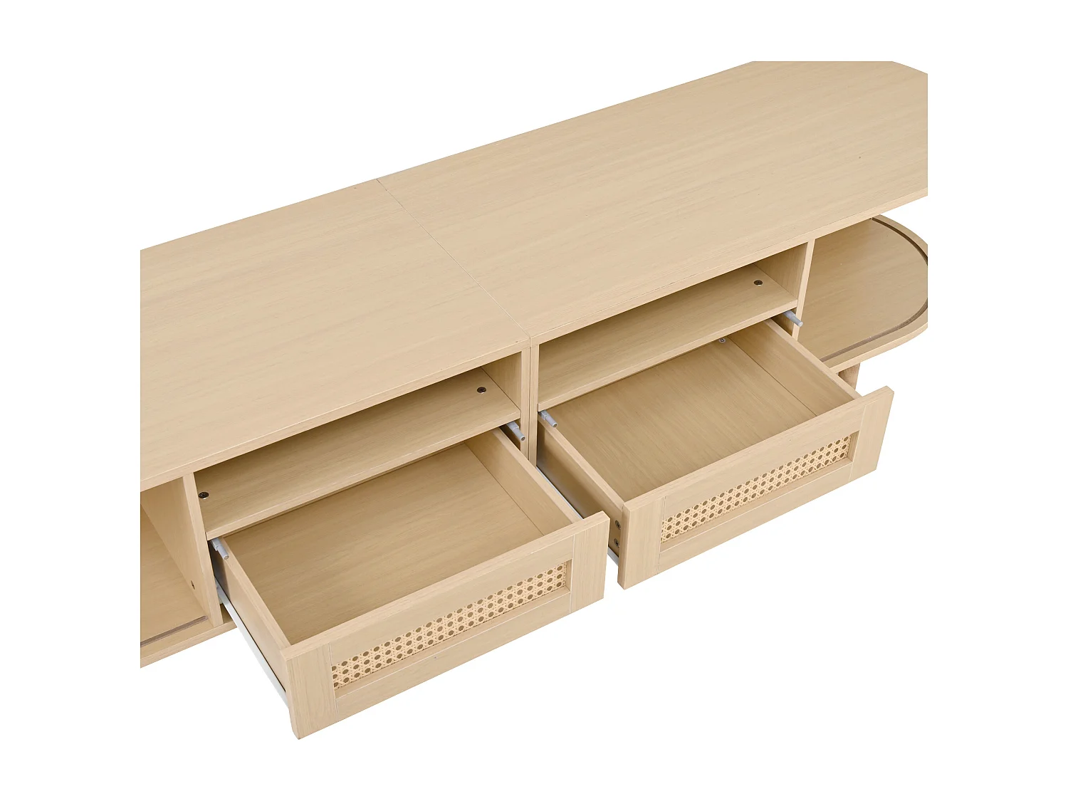 Ovale tv-meubel, 170 cm tv-meubel met 2 rotan lades en 2 schuifdeuren - natuurlijke kleur