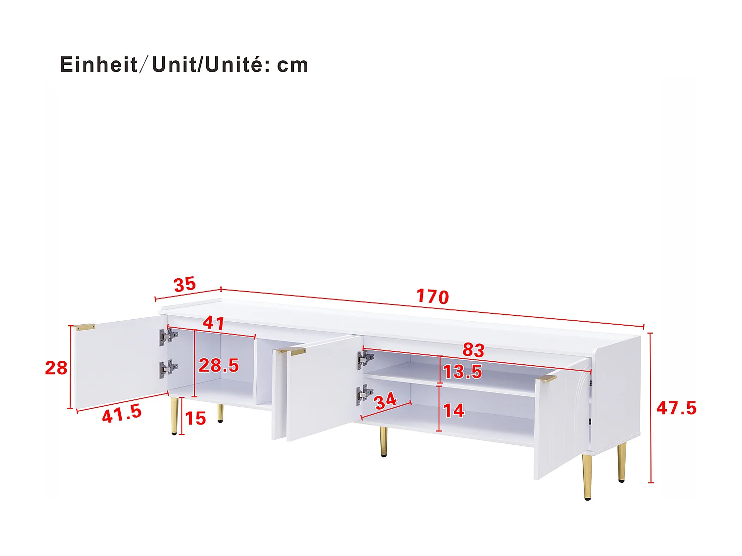 Meuble TV blanc, meuble TV moderne avec 4 portes texturées, poignées dorées et pieds dorés - pour salon et bureau