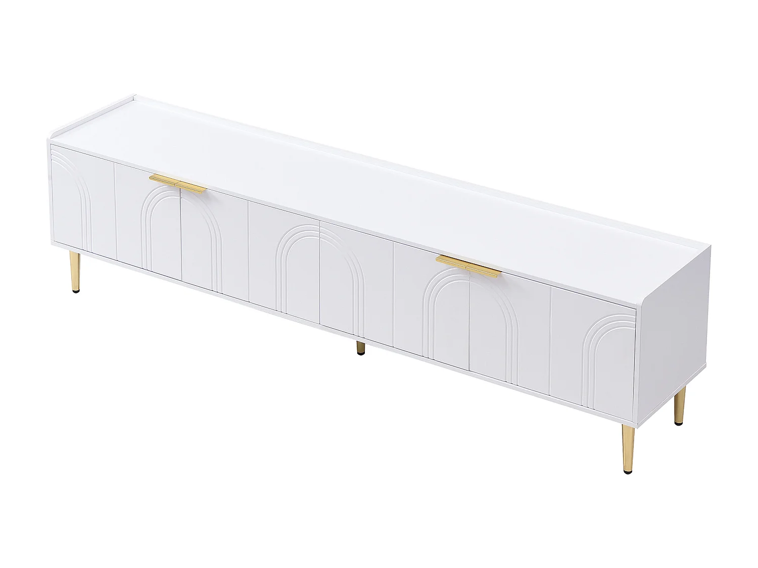 Meuble TV blanc, meuble TV moderne avec 4 portes texturées, poignées dorées et pieds dorés - pour salon et bureau