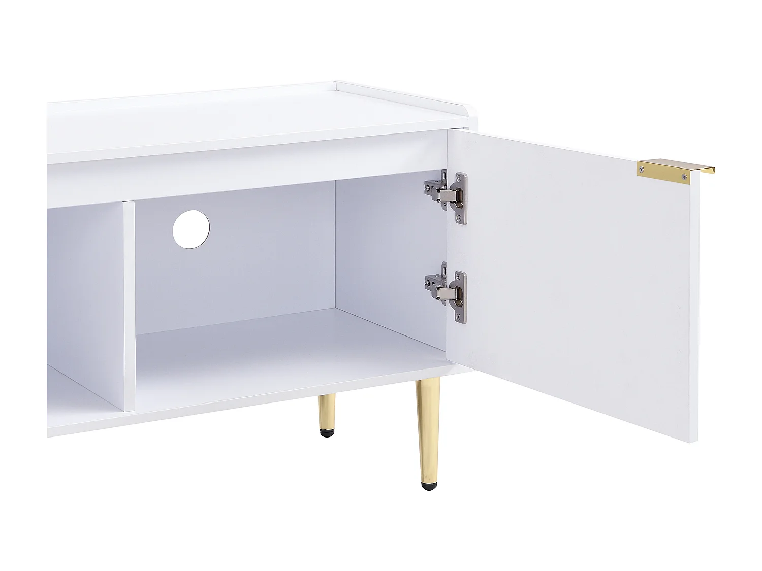 Meuble TV blanc, meuble TV moderne avec 4 portes texturées, poignées dorées et pieds dorés - pour salon et bureau