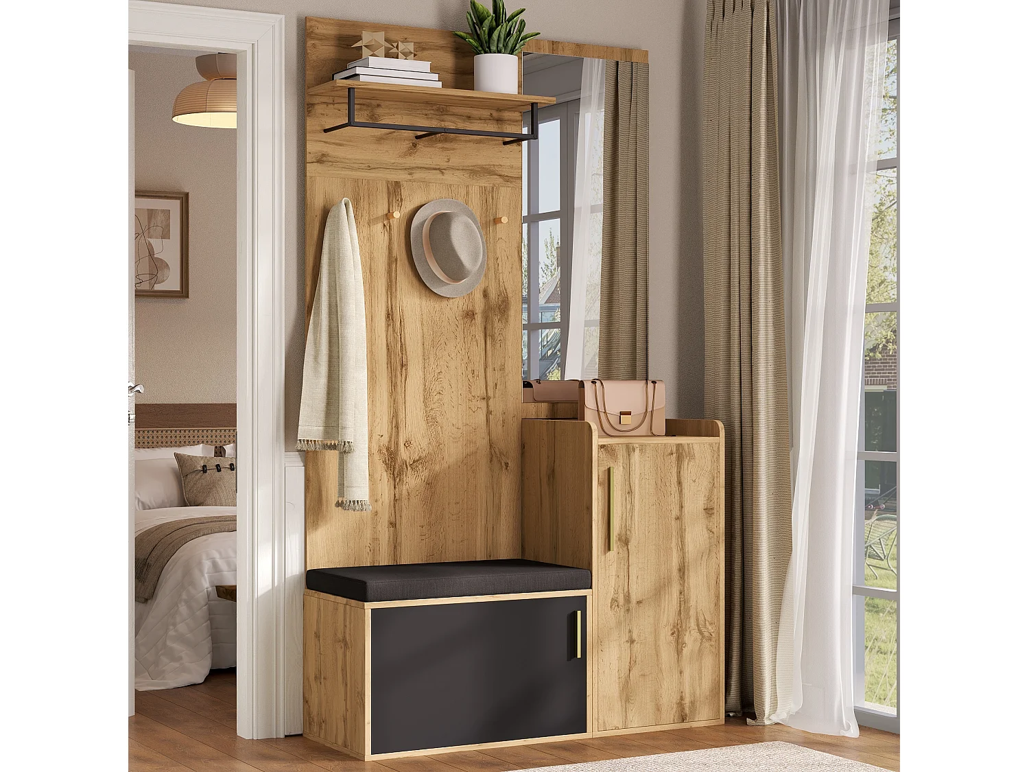 Porte-manteau d'entrée avec miroir et crochets - banc à chaussures et armoire de rangement - naturel