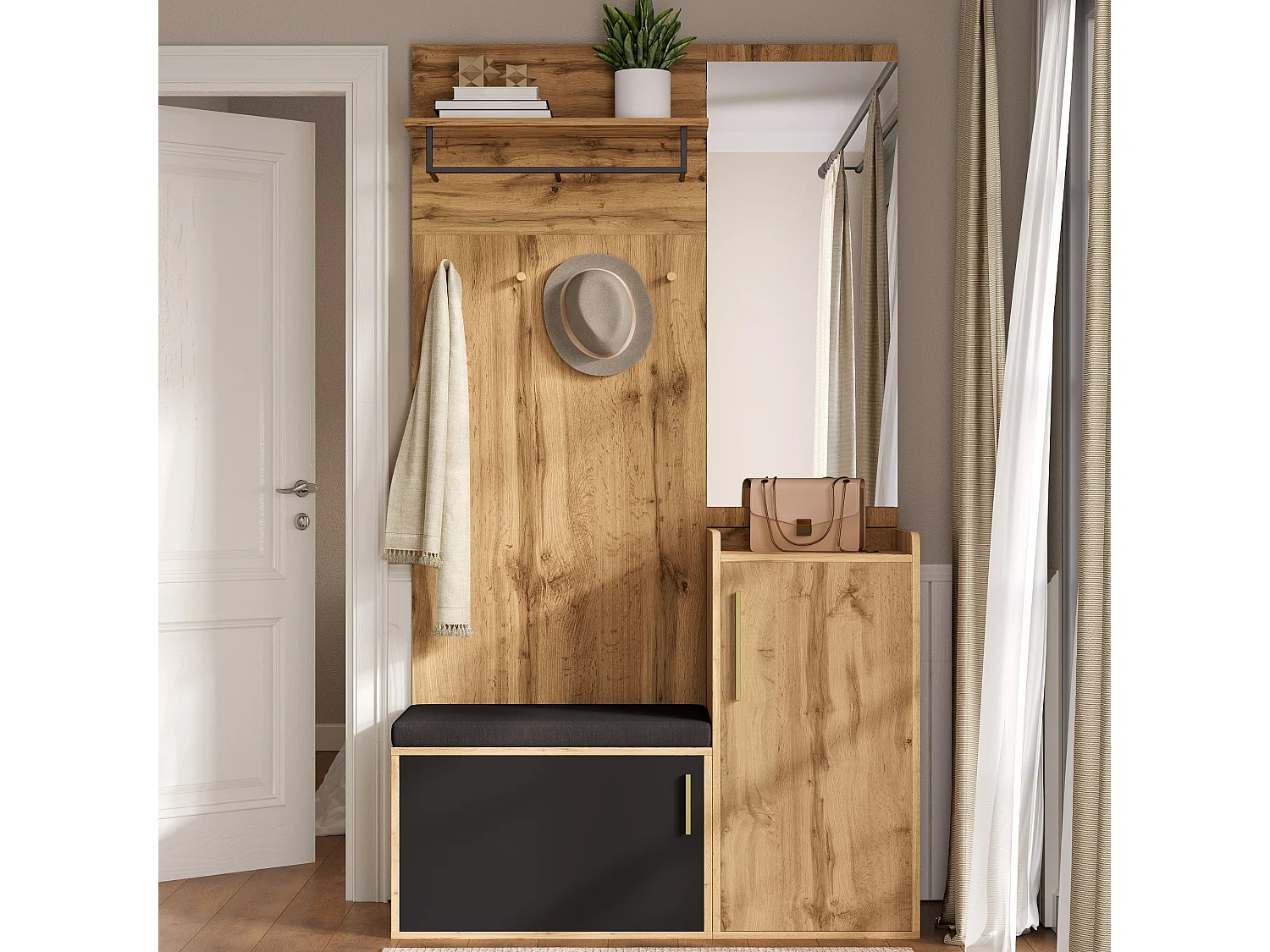 Porte-manteau d'entrée avec miroir et crochets - banc à chaussures et armoire de rangement - naturel