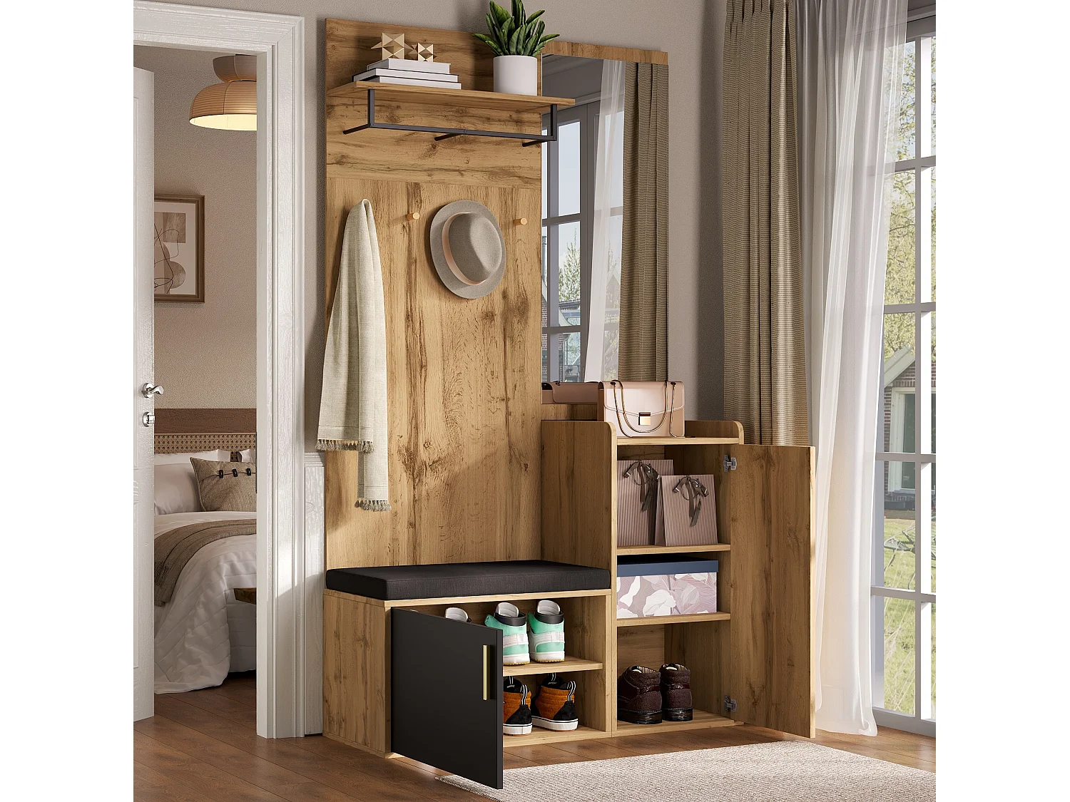 Porte-manteau d'entrée avec miroir et crochets - banc à chaussures et armoire de rangement - naturel