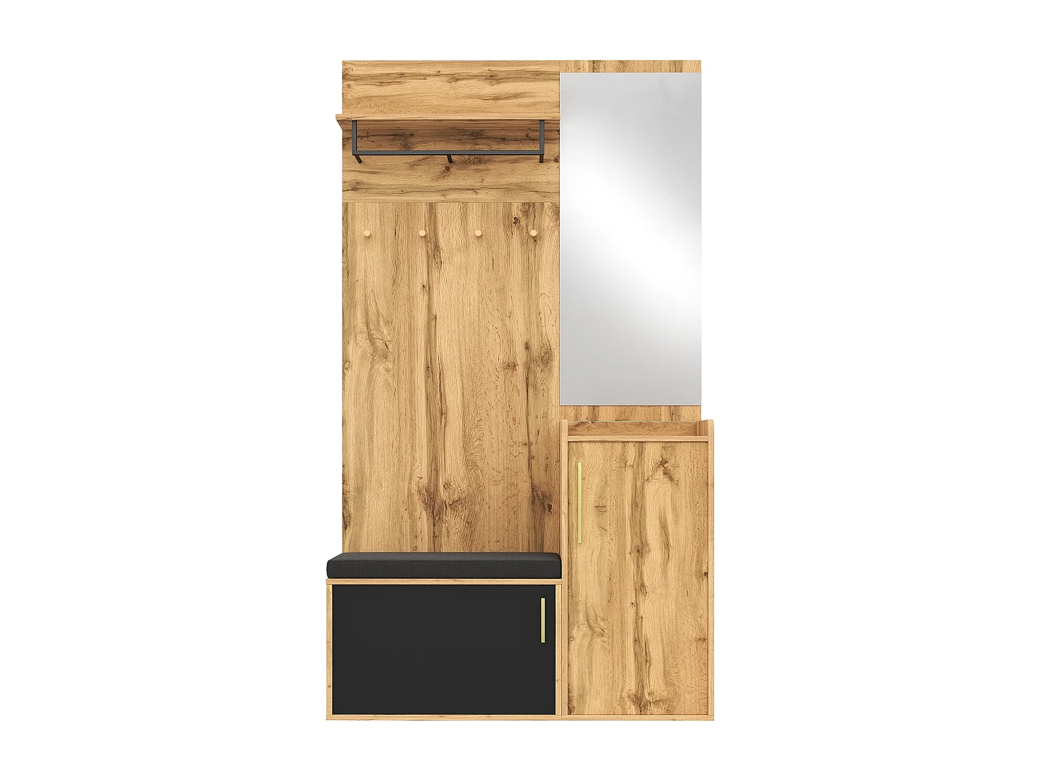 Porte-manteau d'entrée avec miroir et crochets - banc à chaussures et armoire de rangement - naturel