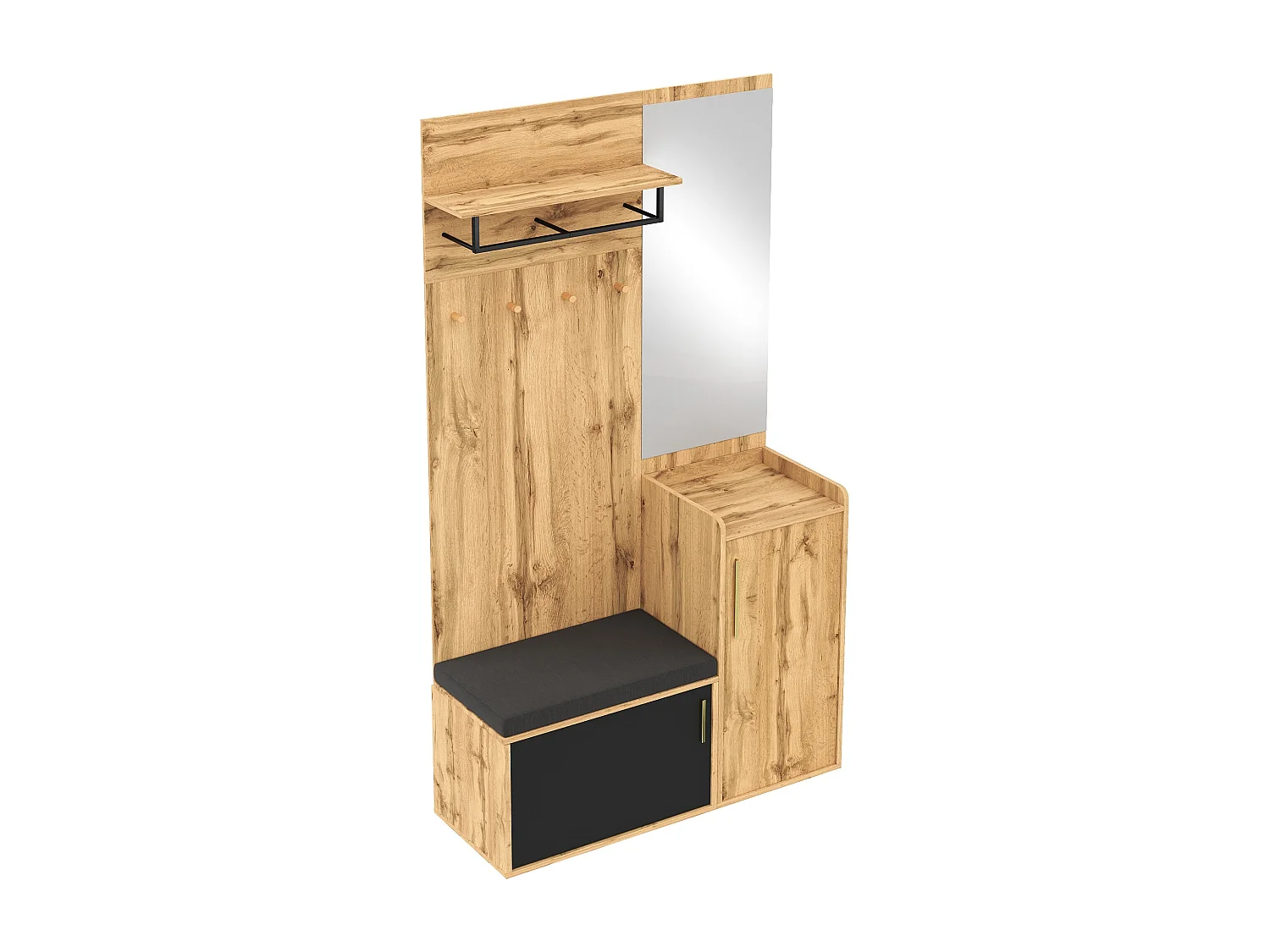 Porte-manteau d'entrée avec miroir et crochets - banc à chaussures et armoire de rangement - naturel
