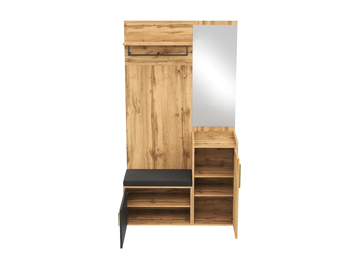 Porte-manteau d'entrée avec miroir et crochets - banc à chaussures et armoire de rangement - naturel