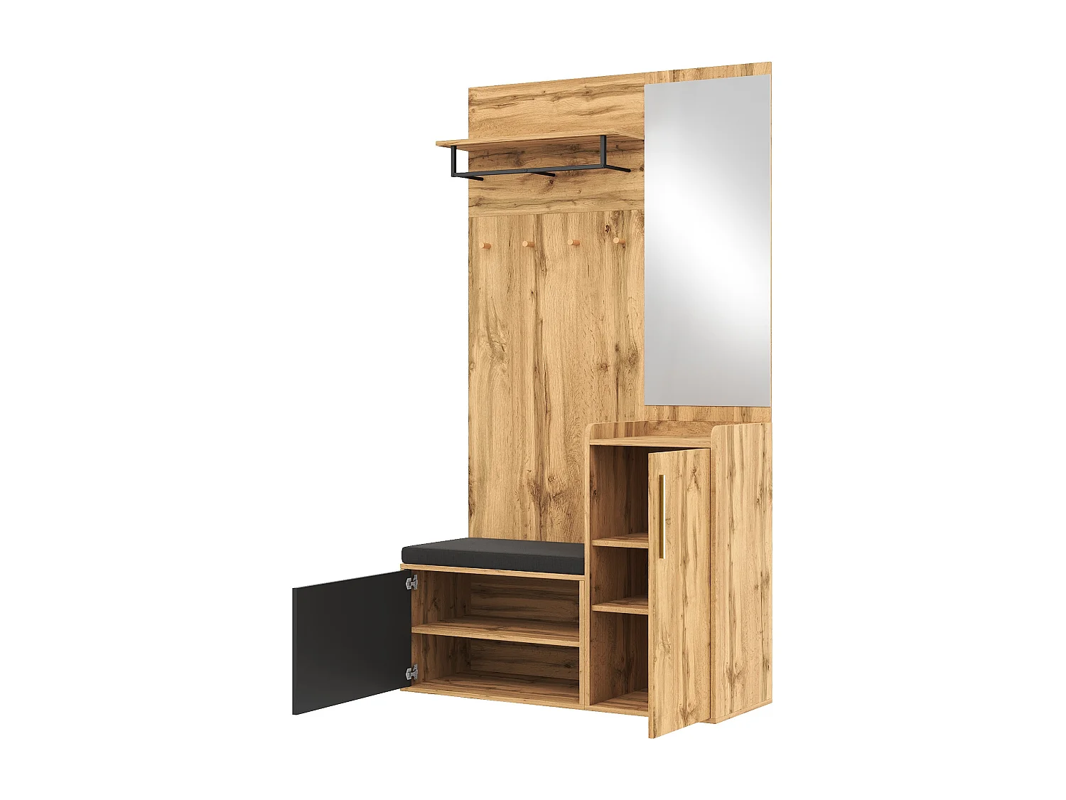 Porte-manteau d'entrée avec miroir et crochets - banc à chaussures et armoire de rangement - naturel