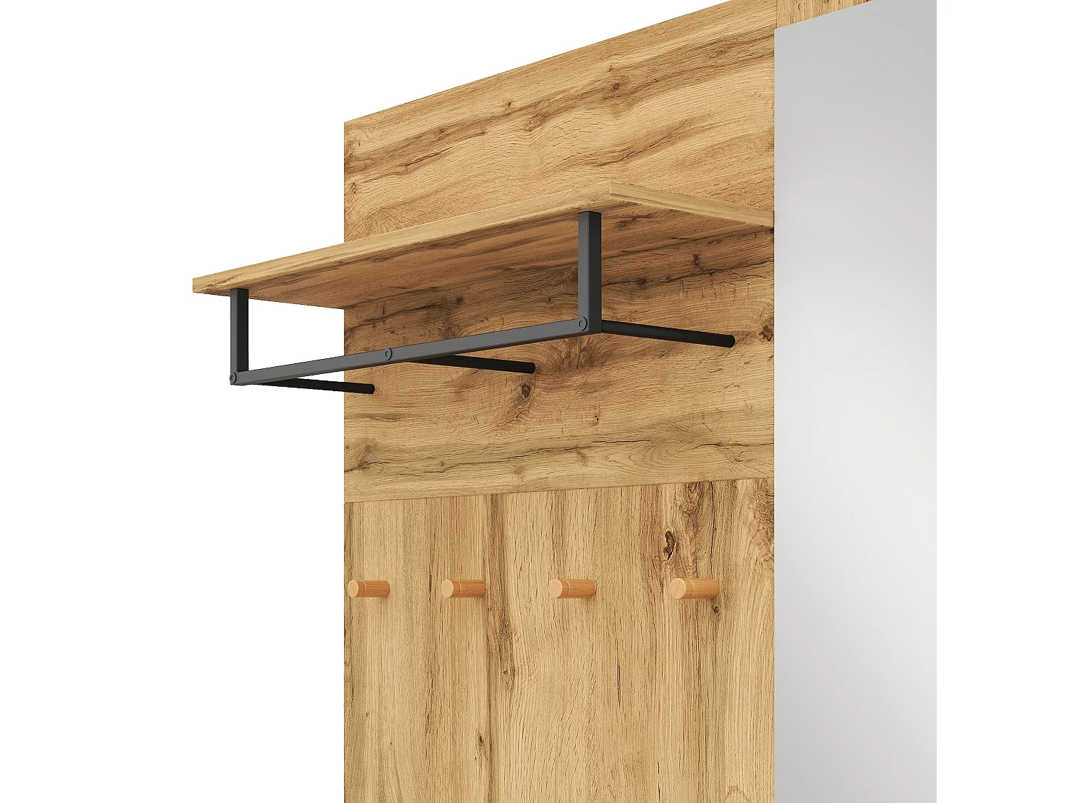 Porte-manteau d'entrée avec miroir et crochets - banc à chaussures et armoire de rangement - naturel