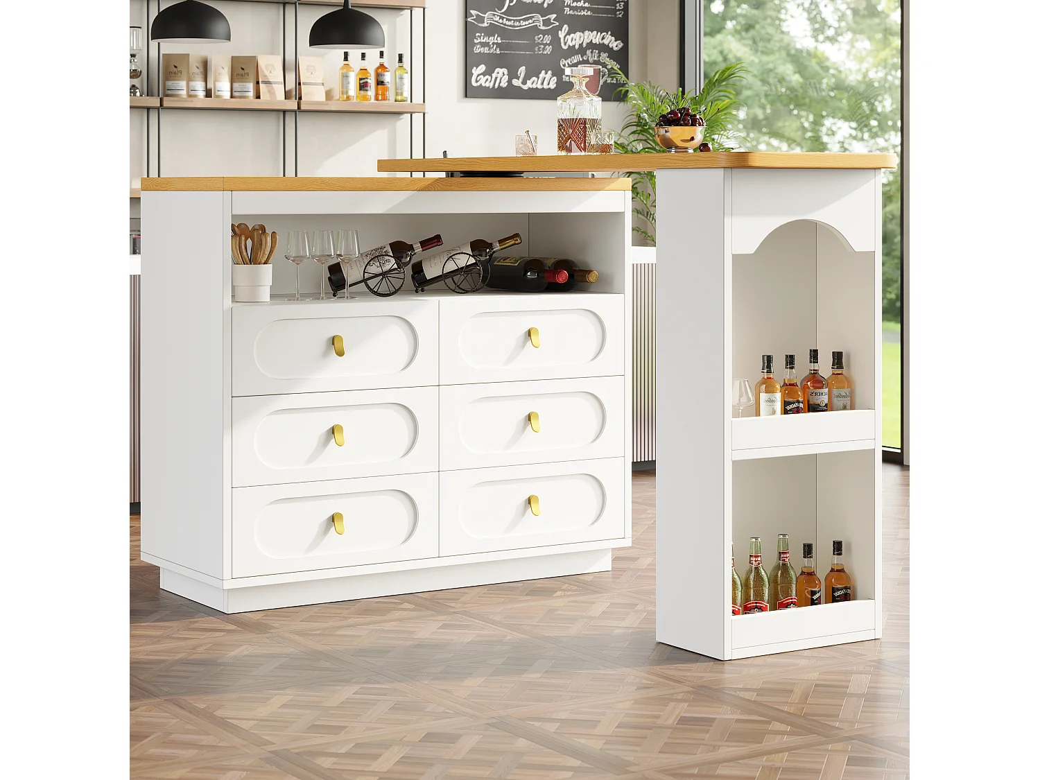 Credenza bianca, credenza da cucina con piano di lavoro estensibile, 6 cassetti e vano a giorno - MDF
