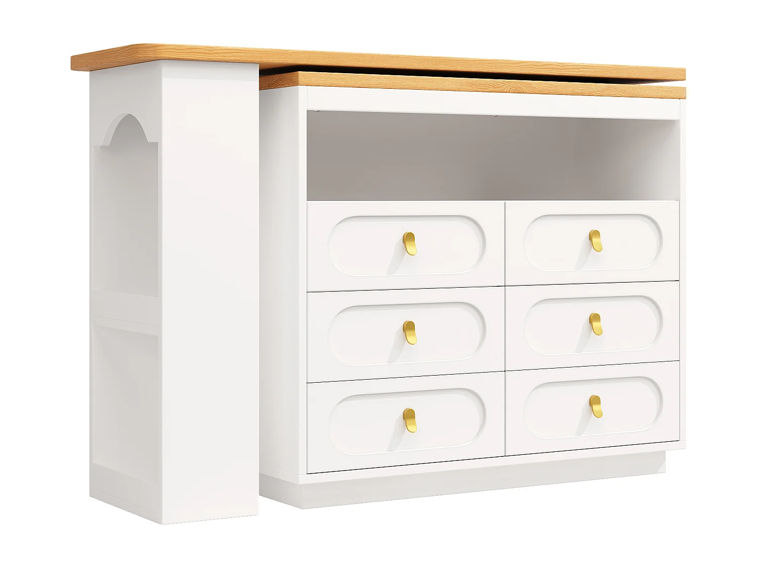 Credenza bianca, credenza da cucina con piano di lavoro estensibile, 6 cassetti e vano a giorno - MDF