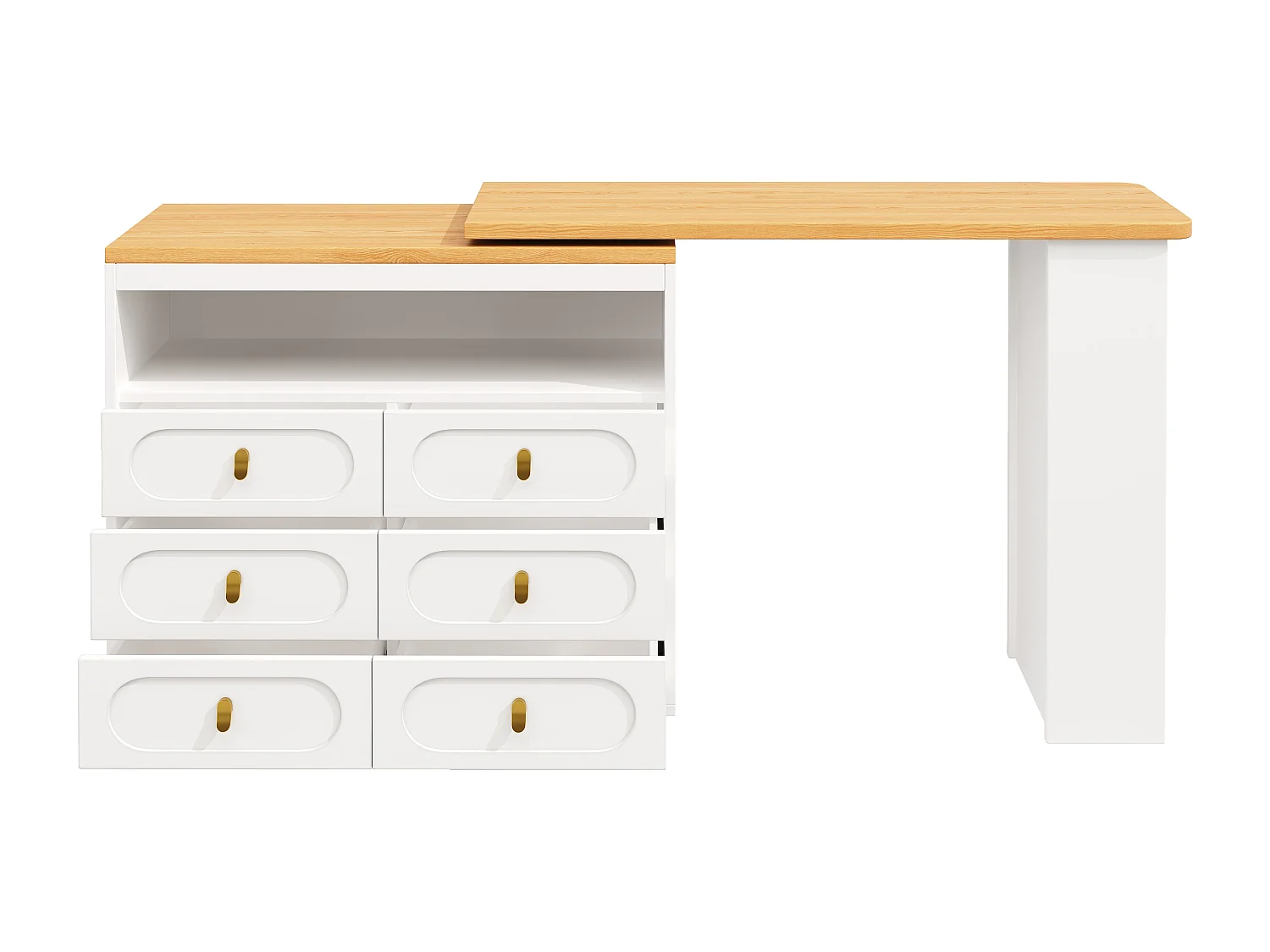 Credenza bianca, credenza da cucina con piano di lavoro estensibile, 6 cassetti e vano a giorno - MDF