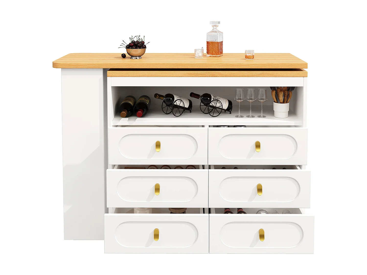 Credenza bianca, credenza da cucina con piano di lavoro estensibile, 6 cassetti e vano a giorno - MDF