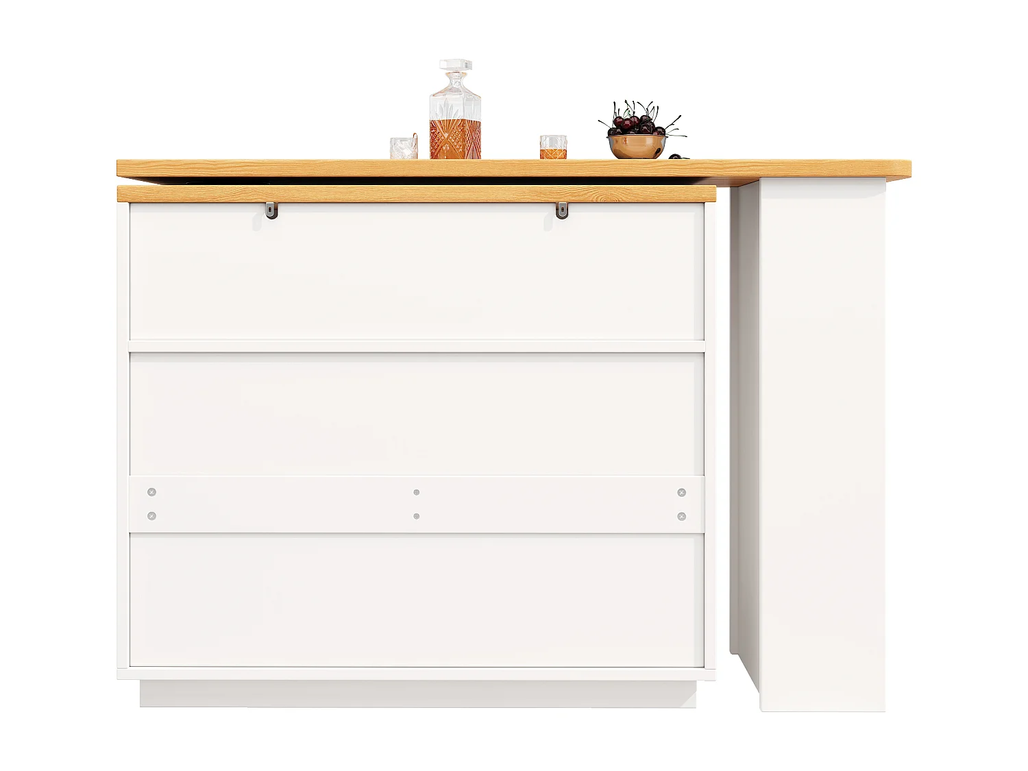 Credenza bianca, credenza da cucina con piano di lavoro estensibile, 6 cassetti e vano a giorno - MDF