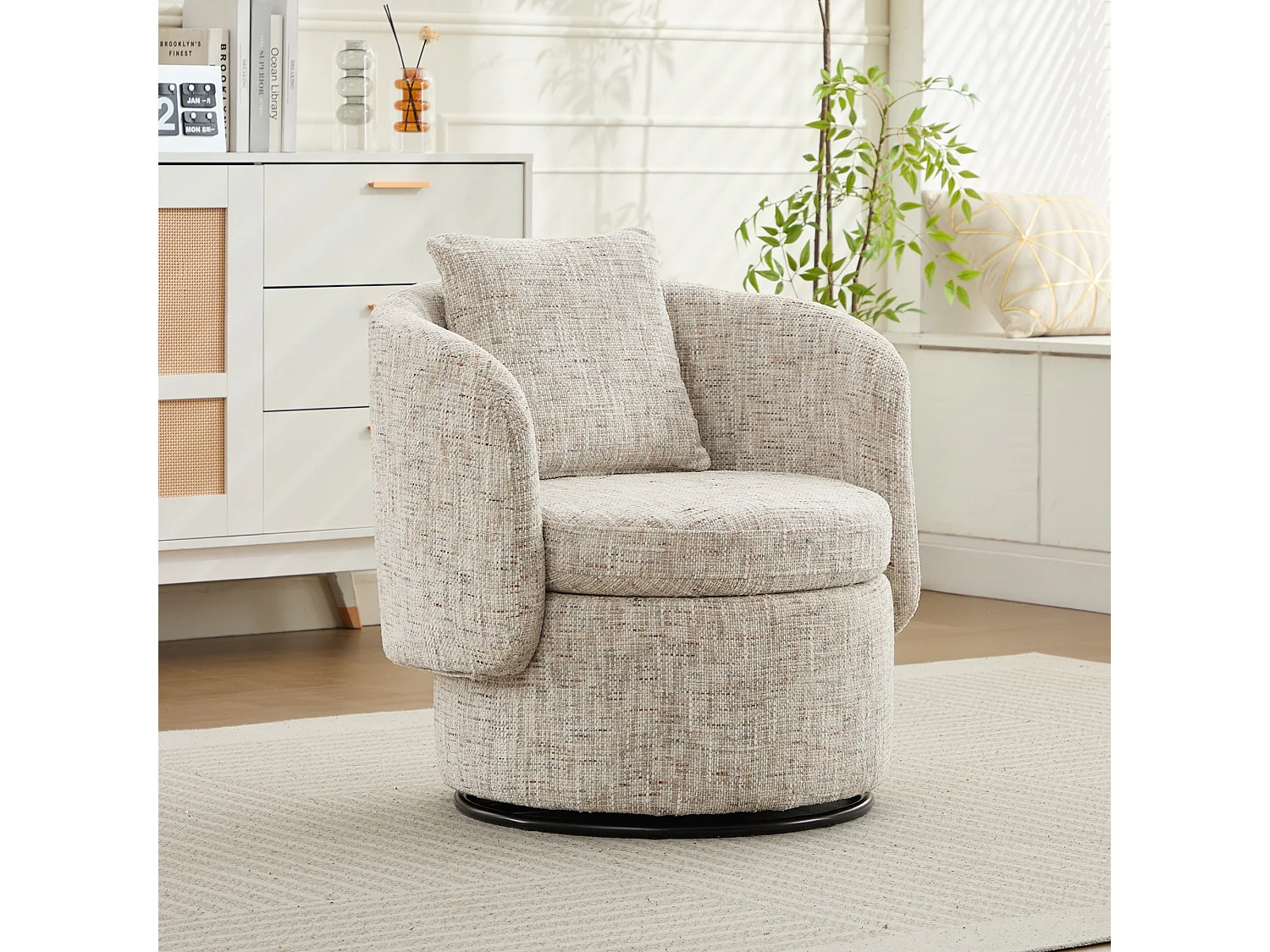 Sessel mit gepolsterter Rückenlehne und Drehfunktion – Elfenbeinfarbenes Chenille – für Wohnzimmer und Büro