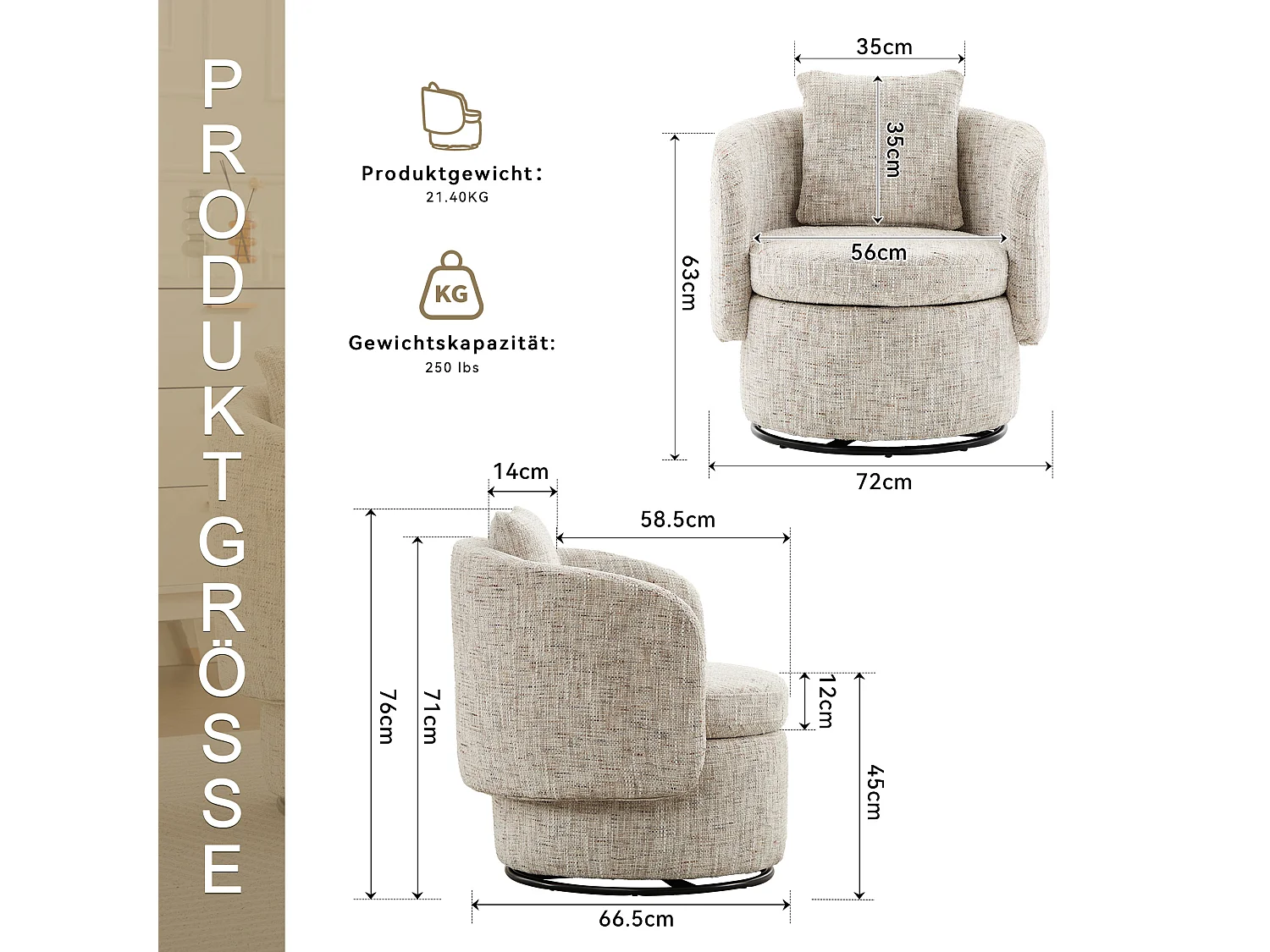 Sessel mit gepolsterter Rückenlehne und Drehfunktion – Elfenbeinfarbenes Chenille – für Wohnzimmer und Büro