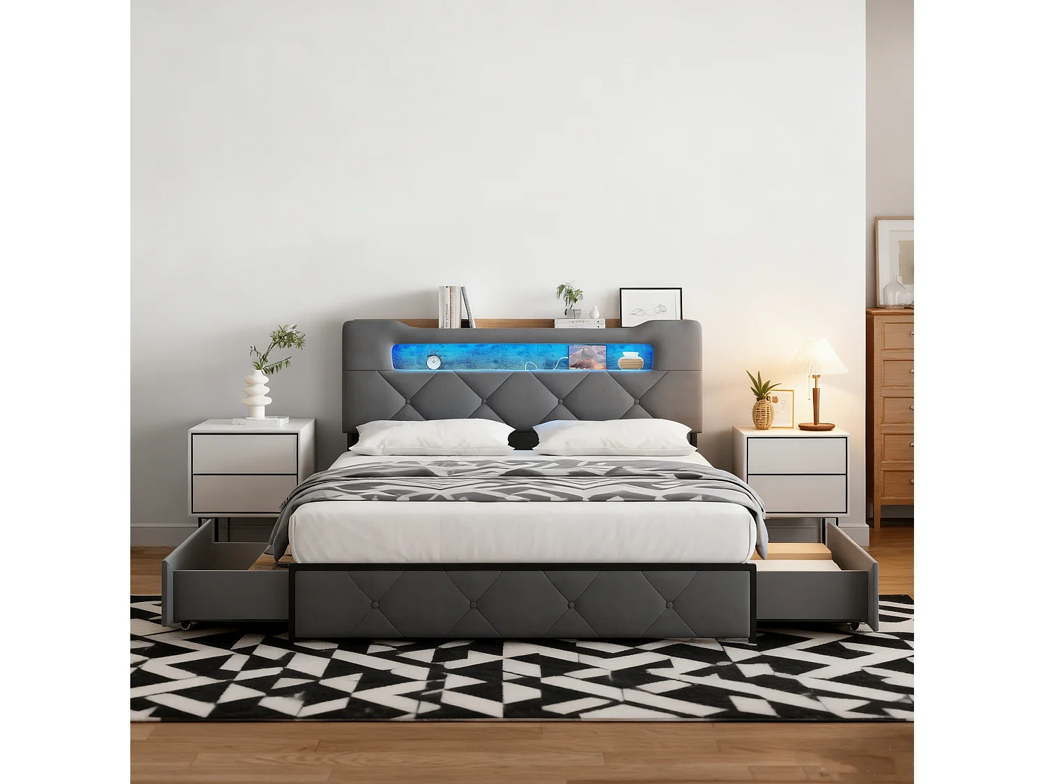 Lit adulte 160x200 cm avec sommier à lattes, lit double 160x200 cm tiroir rembourré, cadre de lit 160x200 cm avec LED et USB, gris