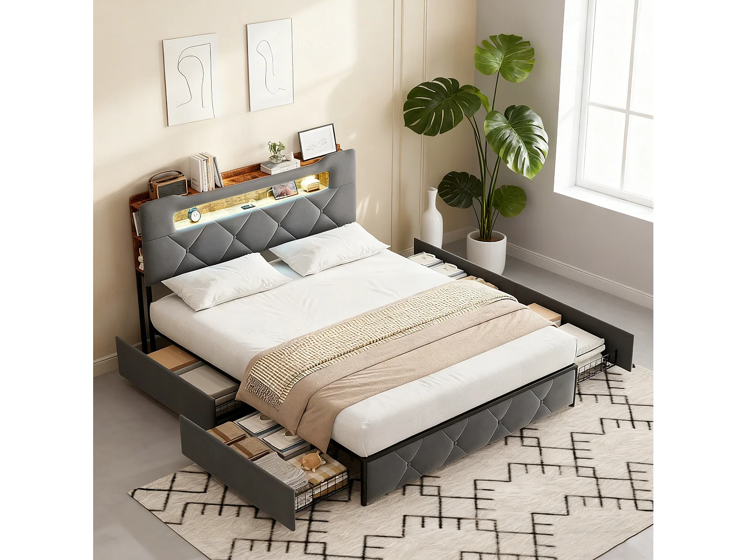 Lit adulte 160x200 cm avec sommier à lattes, lit double 160x200 cm tiroir rembourré, cadre de lit 160x200 cm avec LED et USB, gris