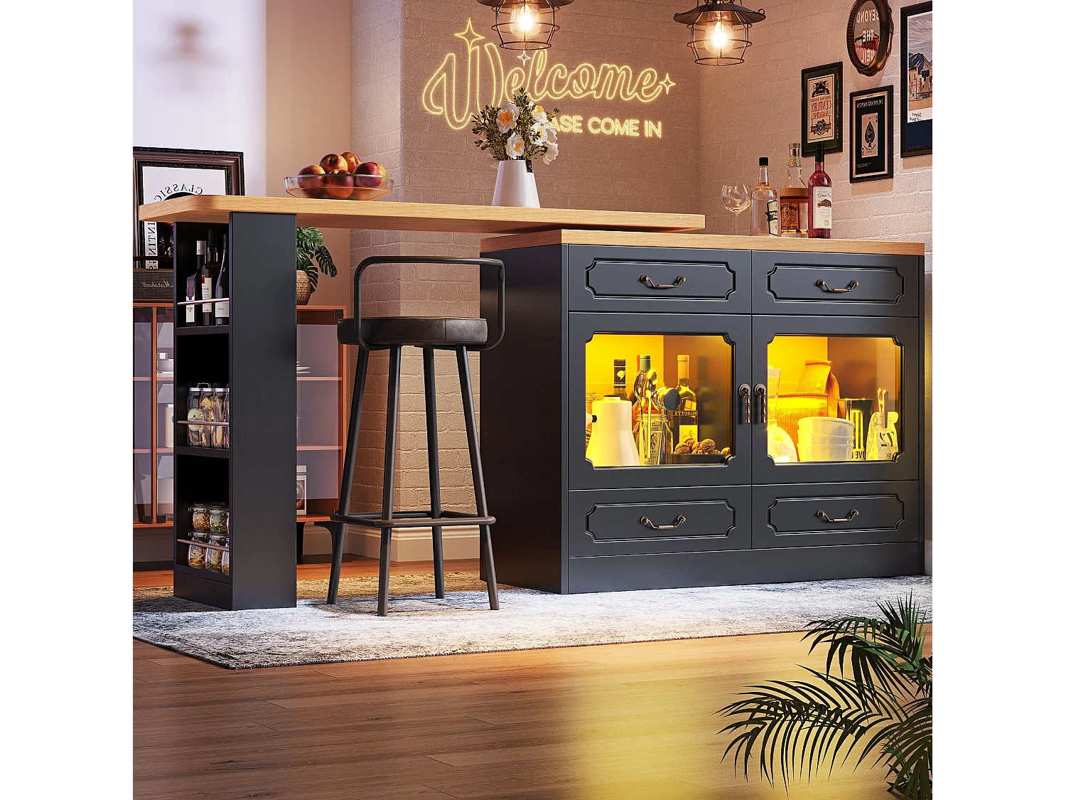 Aparador LED, aparador negro con tapa giratoria, 2 puertas y 4 cajones de almacenamiento - MDF