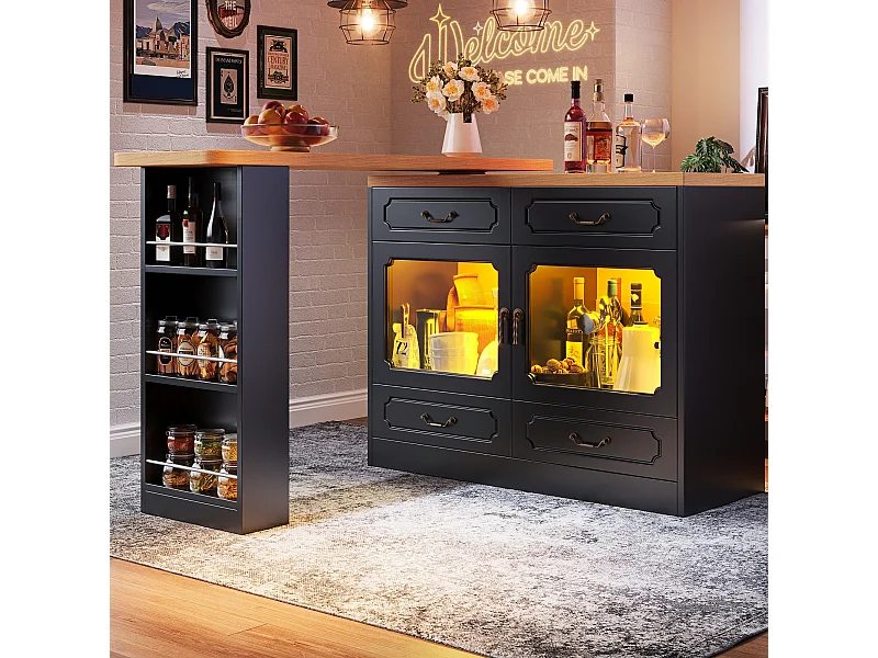 Credenza a LED, credenza nera con piano girevole, 2 ante e 4 cassetti portaoggetti - MDF