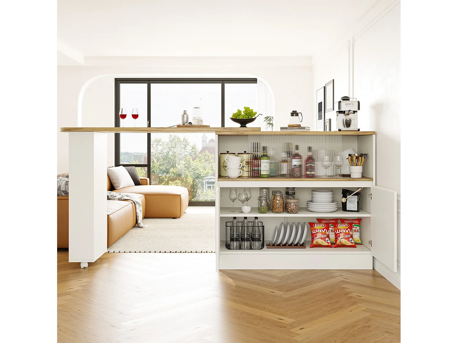 Credenza bianca, credenza da cucina con 2 ante in vetro e 2 ante in MDF, piano girevole