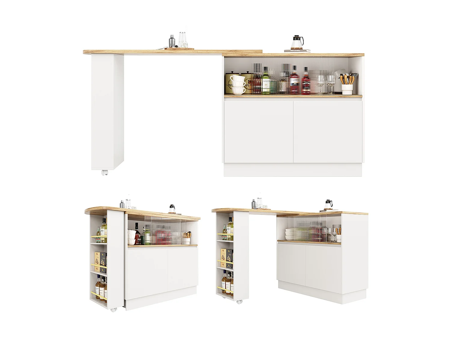Credenza bianca, credenza da cucina con 2 ante in vetro e 2 ante in MDF, piano girevole