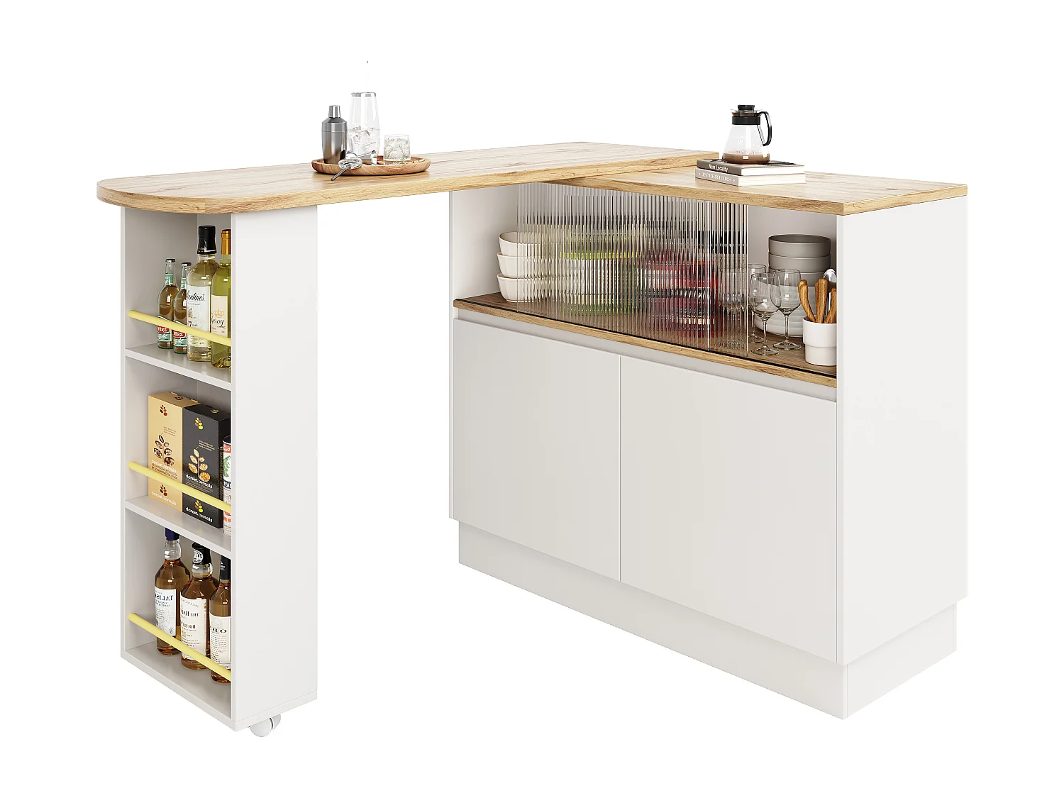 Credenza bianca, credenza da cucina con 2 ante in vetro e 2 ante in MDF, piano girevole
