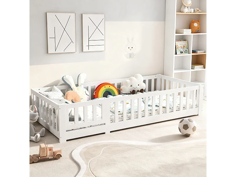 Lit enfant 90x200 cm avec sommier à latte - lit simple 90x200 cm en bois massif - Garde-corps pour lit d'enfant scandinave - lit Montessori en pin - blanc
