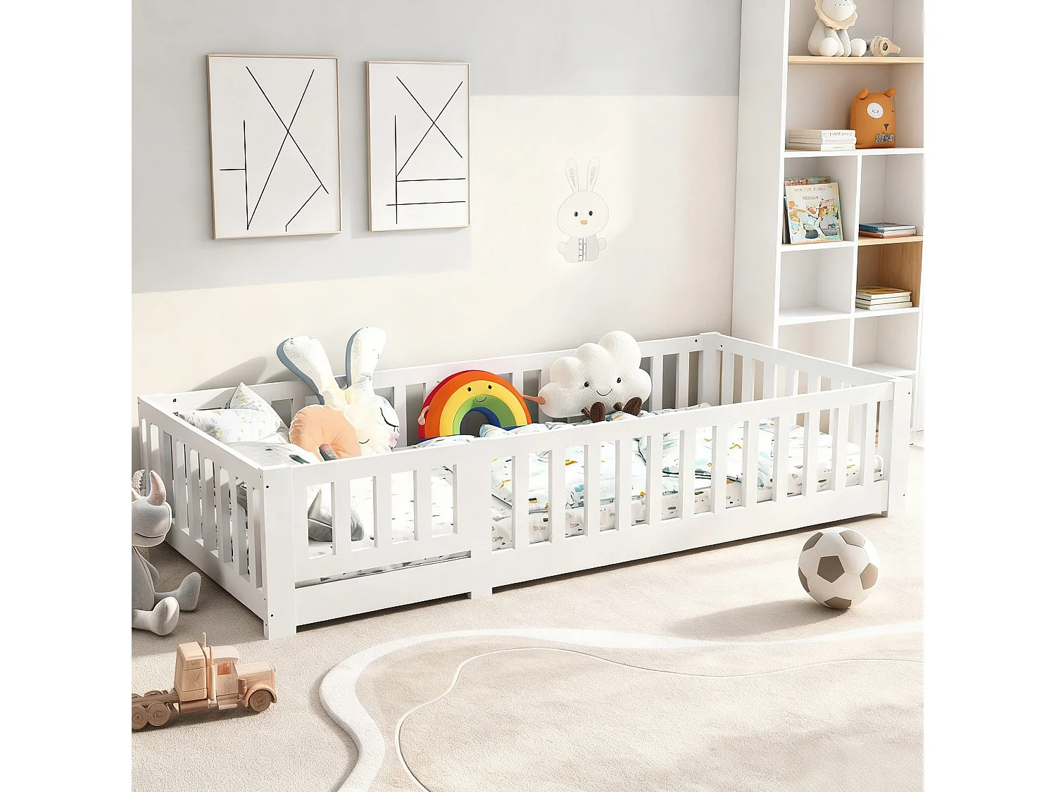 Lit plat pour enfant 90x200 cm en bois de pin massif avec sommier à latte - barrière de sécurité avec serrure - Blanc