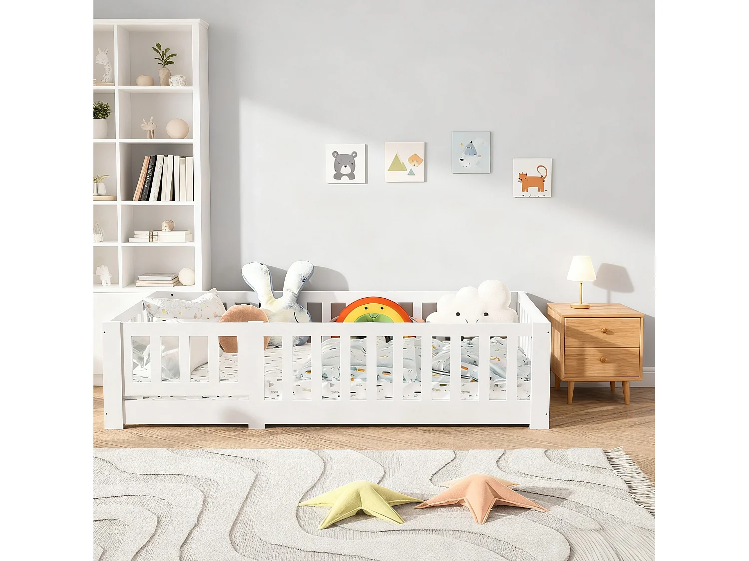 Lit plat pour enfant 90x200 cm en bois de pin massif avec sommier à latte - barrière de sécurité avec serrure - Blanc