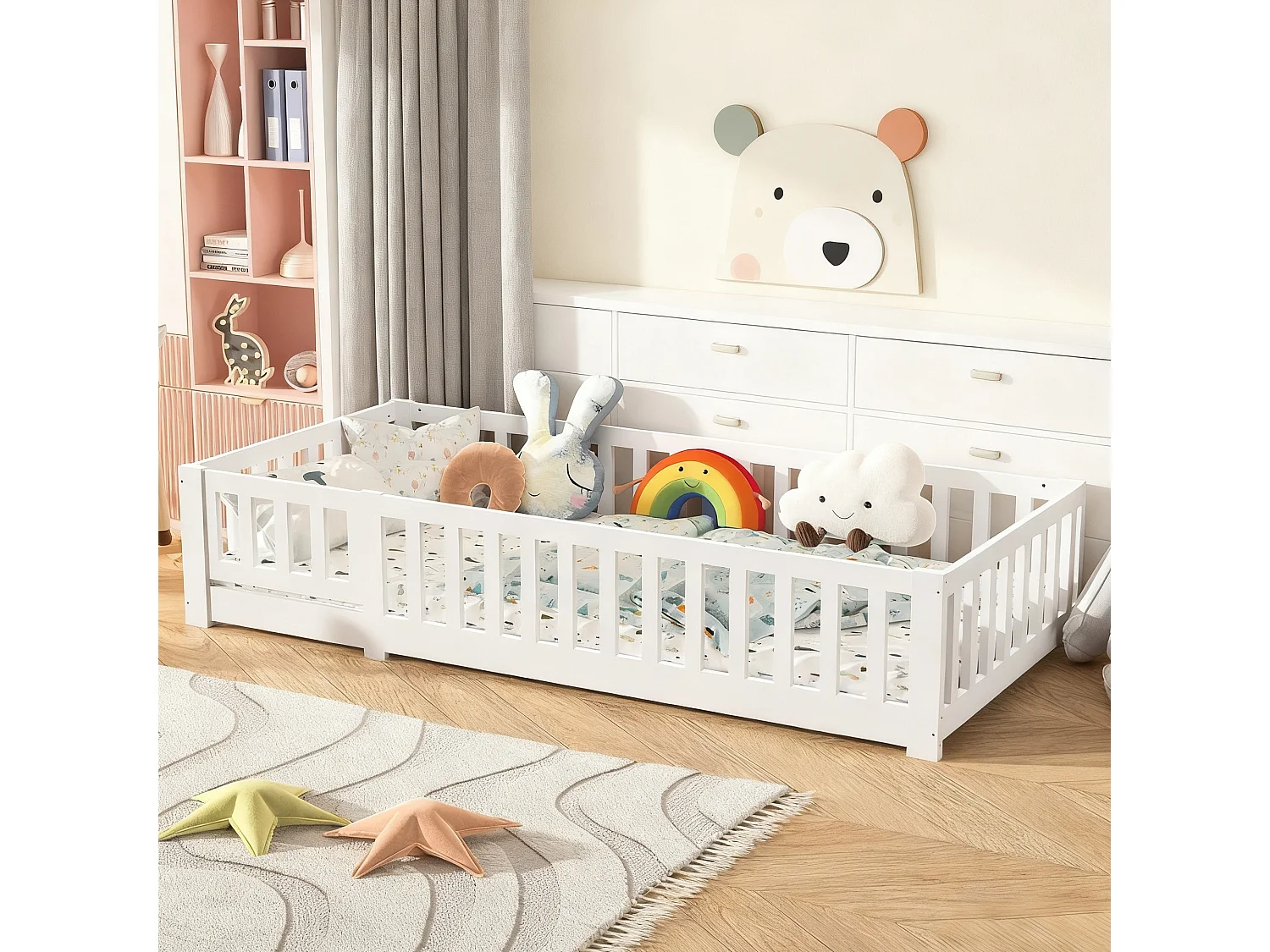 Lit plat pour enfant 90x200 cm en bois de pin massif avec sommier à latte - barrière de sécurité avec serrure - Blanc