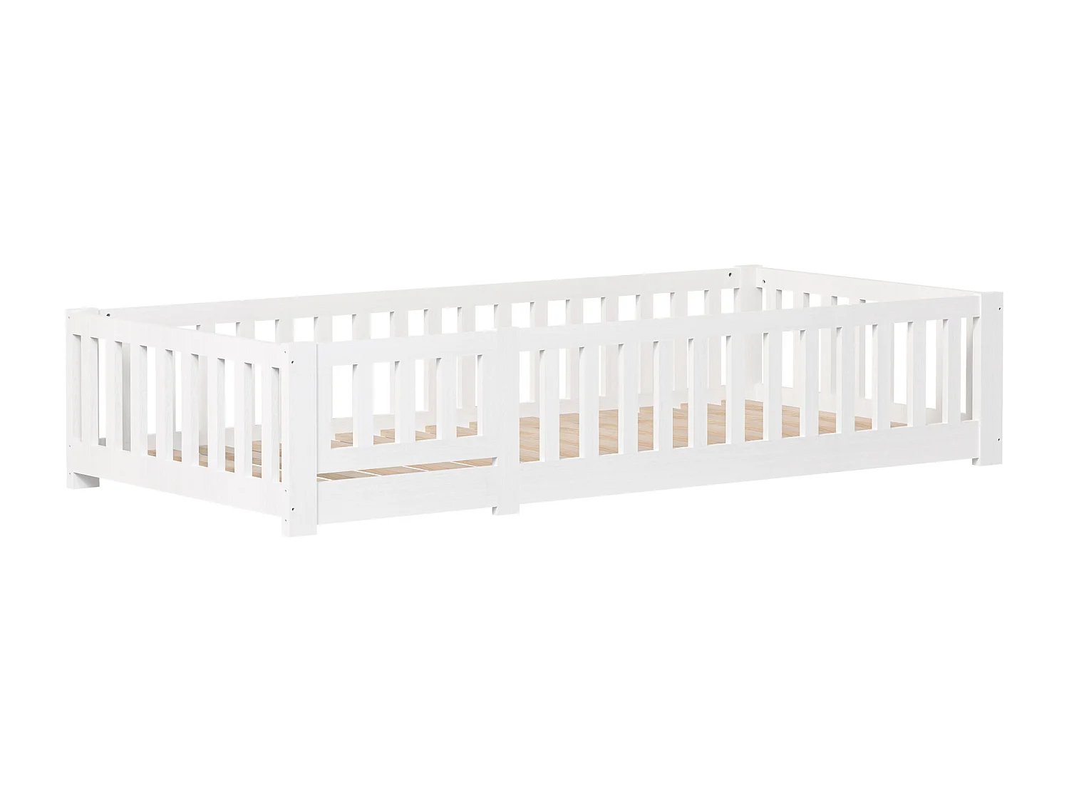 Lit plat pour enfant 90x200 cm en bois de pin massif avec sommier à latte - barrière de sécurité avec serrure - Blanc