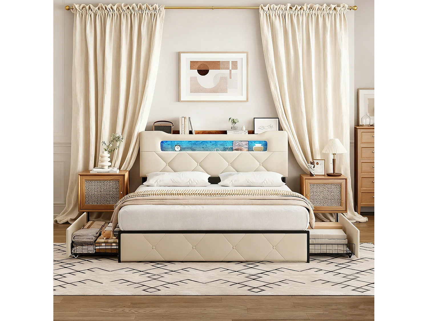 Lit adulte 140x200 cm avec sommier à lattes, lit double 140x200 cm tiroir rembourré, cadre de lit 140x200 cm avec LED et USB, beige